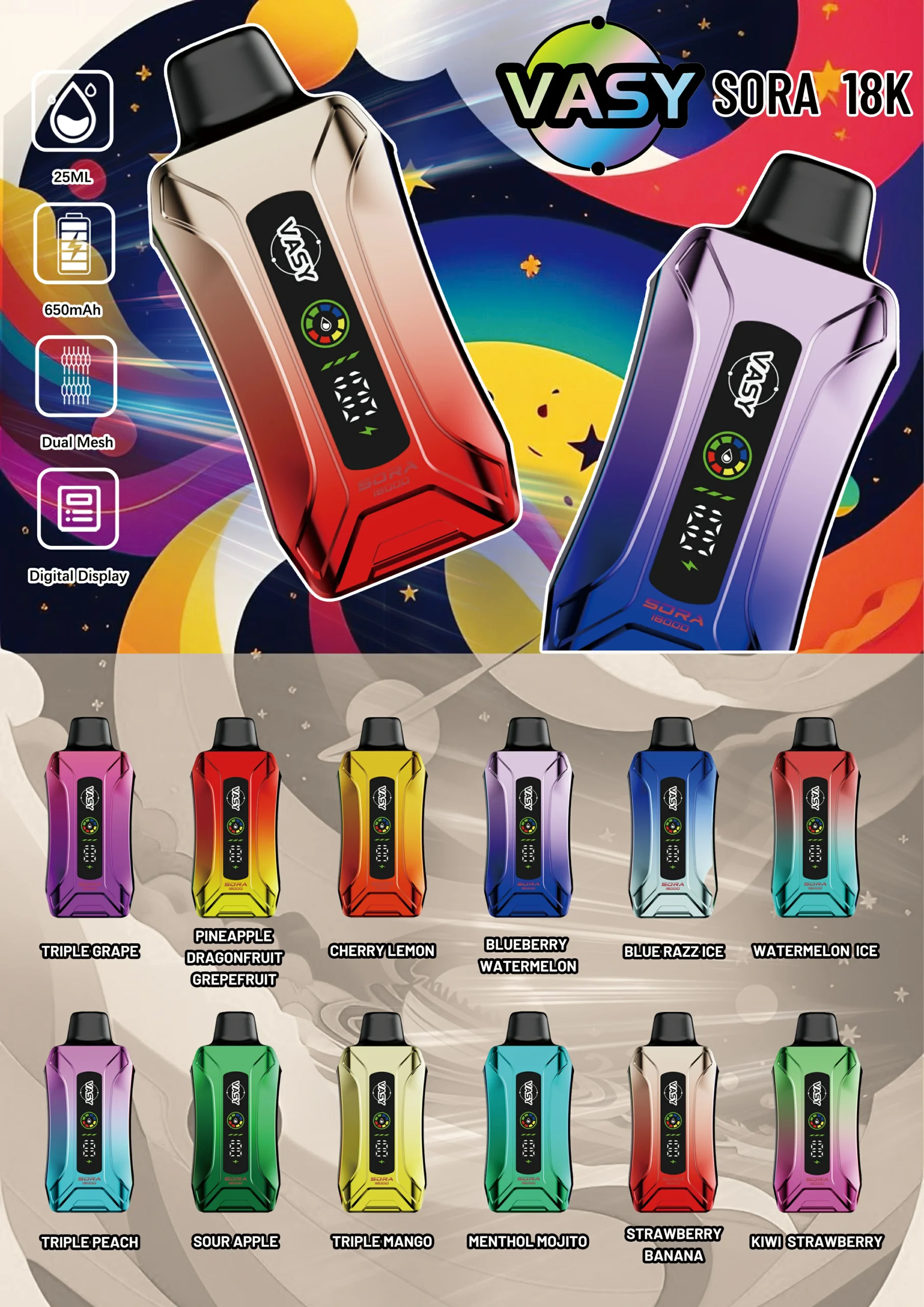 VASY SORA 18000 Puffs 0% 2% 3% 5% Madal tugevus Ekraan Laetav Hulgiost Bulk Ühekordselt kasutatav Vape Hulgimüük