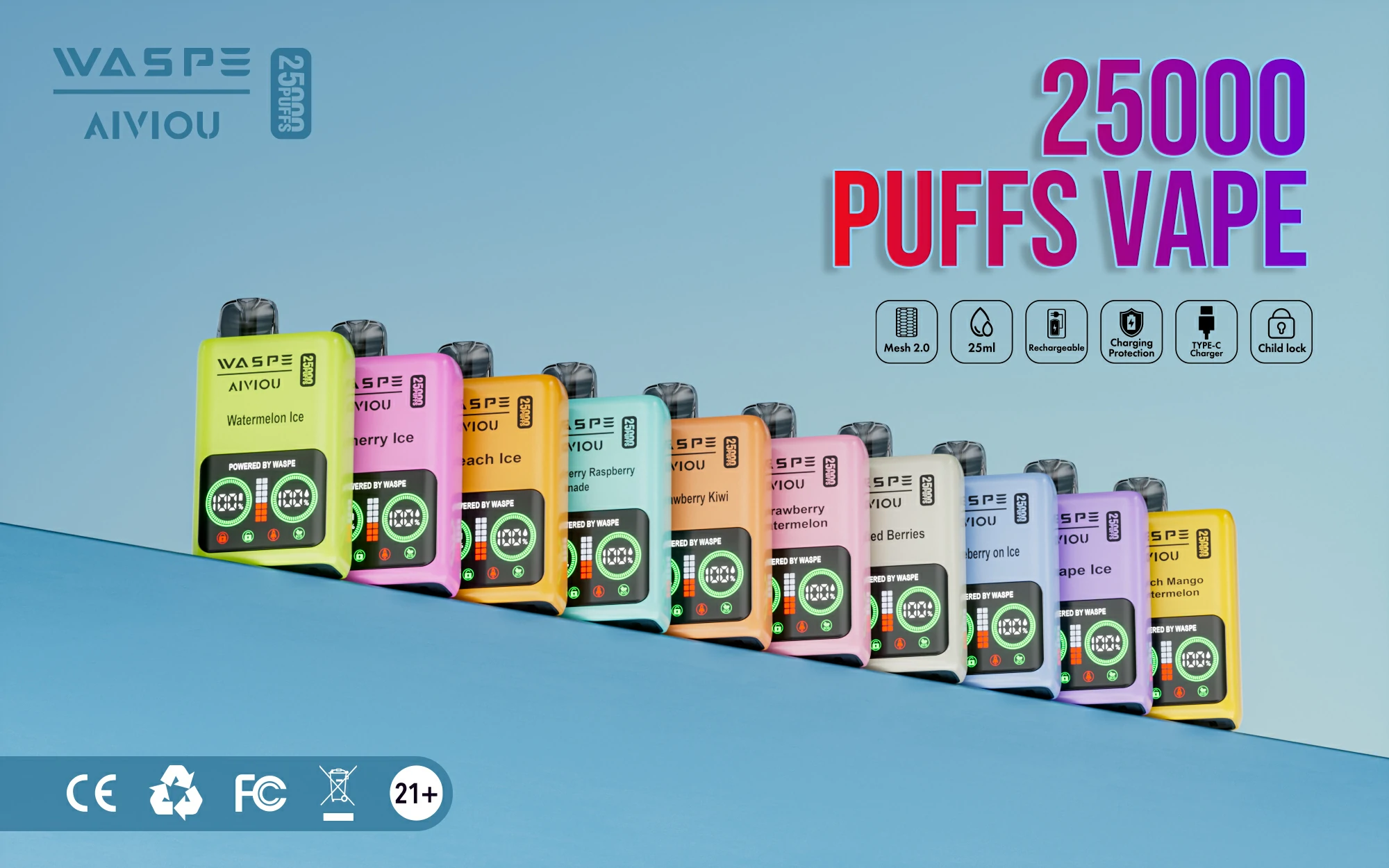 WASPE 25000 PUFFS Dual Mesh Box 0% 2% 3% 5% Putere Scăzută Reîncărcabilă Cumpărare în Vrac Vape Pen De Unică Folosință Angro