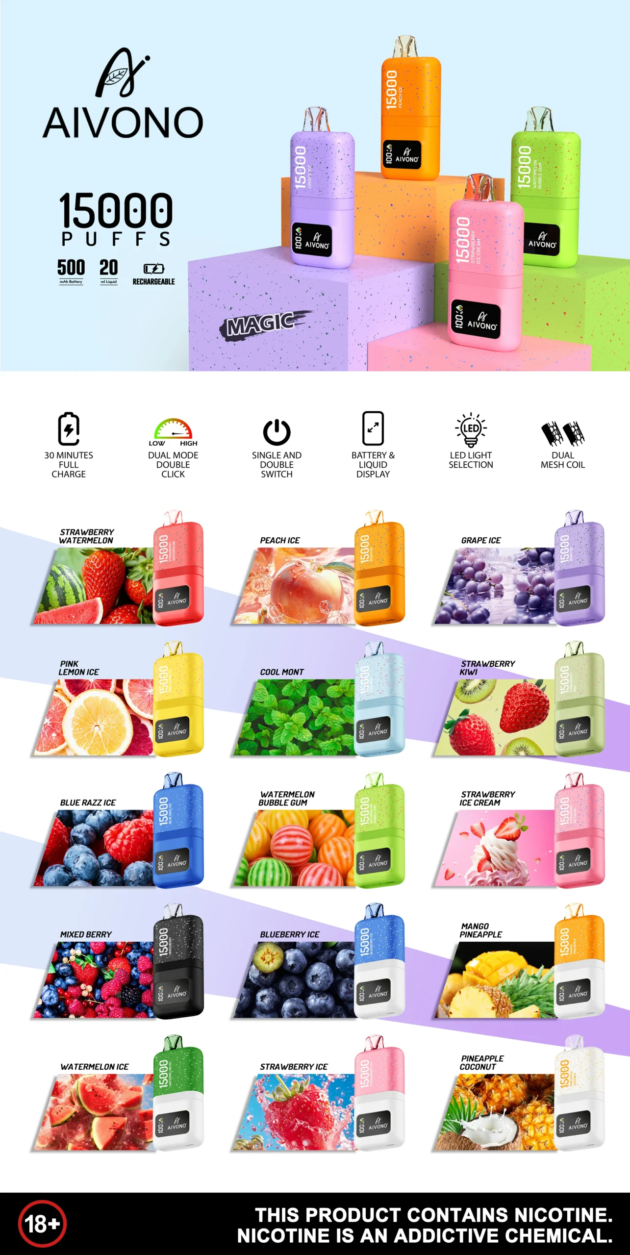 AIVONO AIM MAGIC 15000 Puffs 0% 2% 3% 5% Madal tugevus Hulgiosta Täiendatav Ühekordselt kasutatav Vape Pen Hulgimüük
