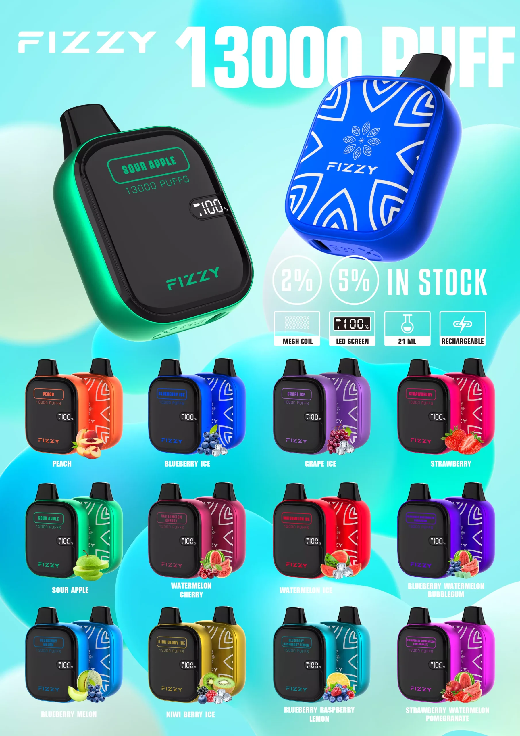 FIZZY Boom 13000 Puffs 2% 5% Low Strength Bulk Buy LCD Screen Rechargeable Disposable Vapes Pen Wholesale