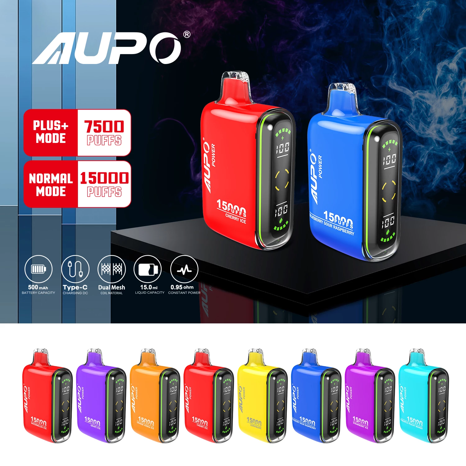 AUPO 15000 Puffs Dual Mesh LED Display 2% Low Strength Bulk Buy Rechargeable Disposable Vapes Pen Wholesale
