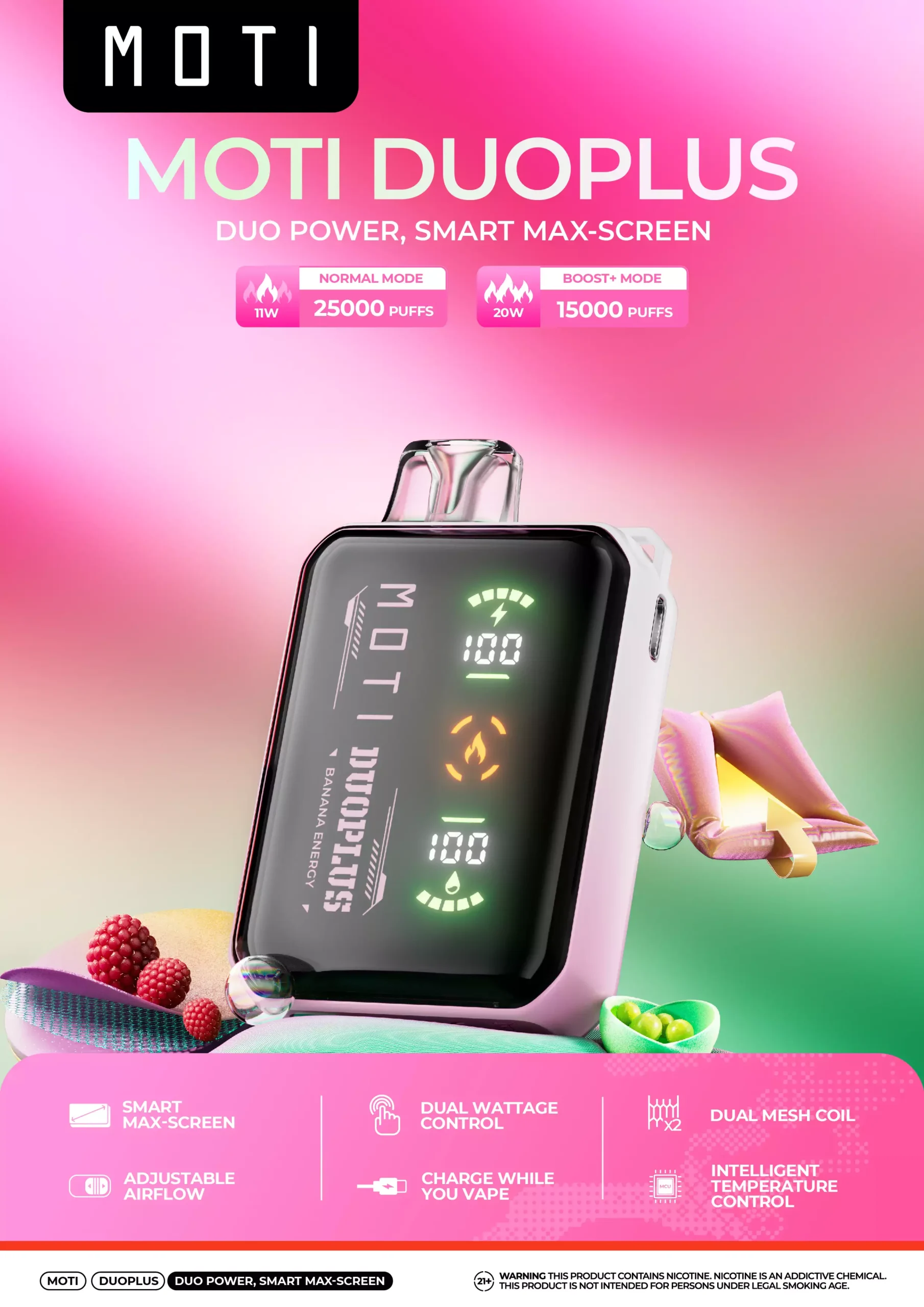 MOTI Duoplus 25000 Puffs Dual Mesh Akıllı Maks Ekran 3% Düşük Güç Toplu Alım Şarj Edilebilir Tek Kullanımlık Vape Kalem Toptan Satış