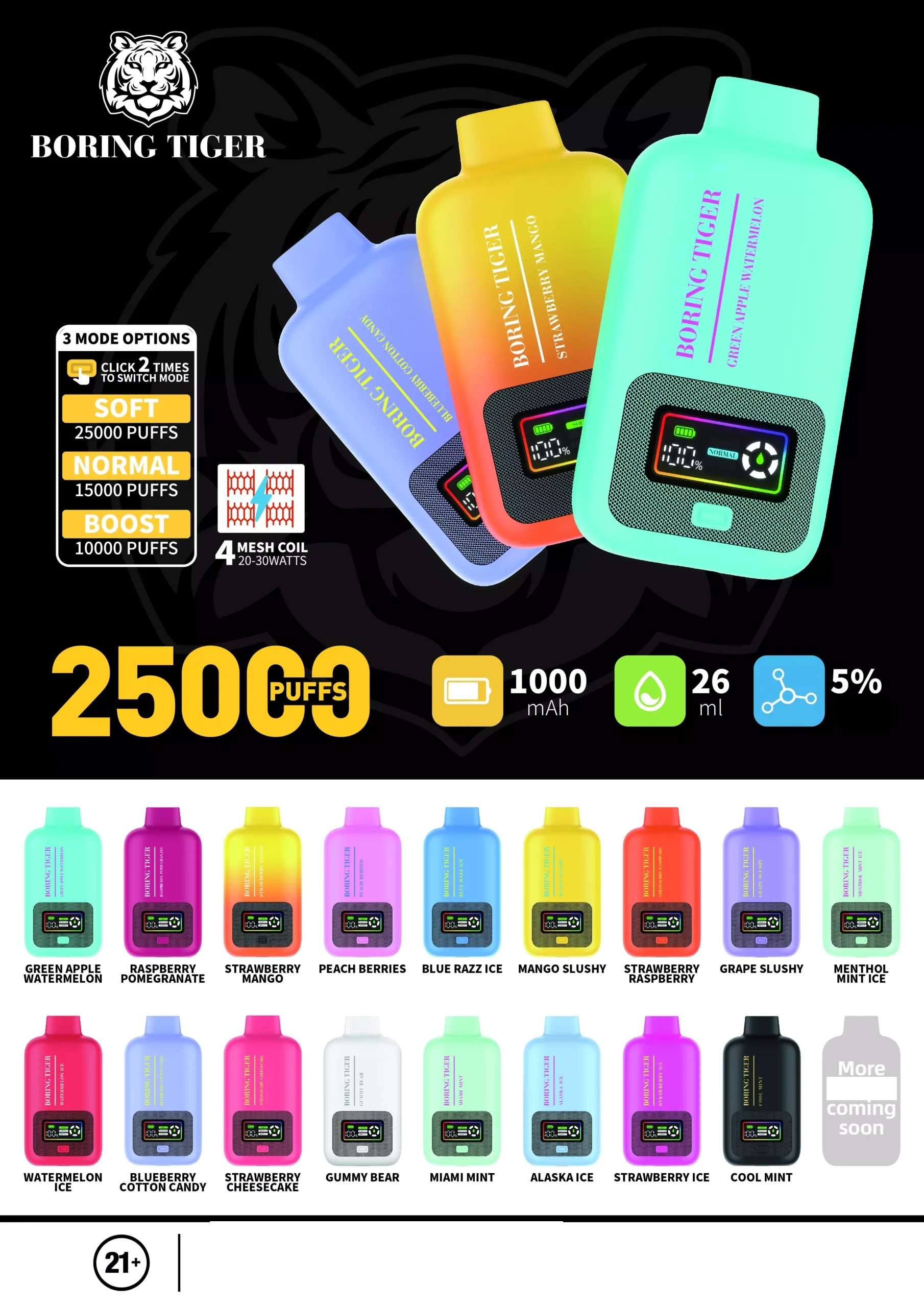 VASY Boring Tiger 25000 Puffs Schermo Digitale 4 Mesh Coil 50mg Bassa Resistenza Acquisto in Massa Penna Vape Ricaricabile Monouso all'Ingrosso