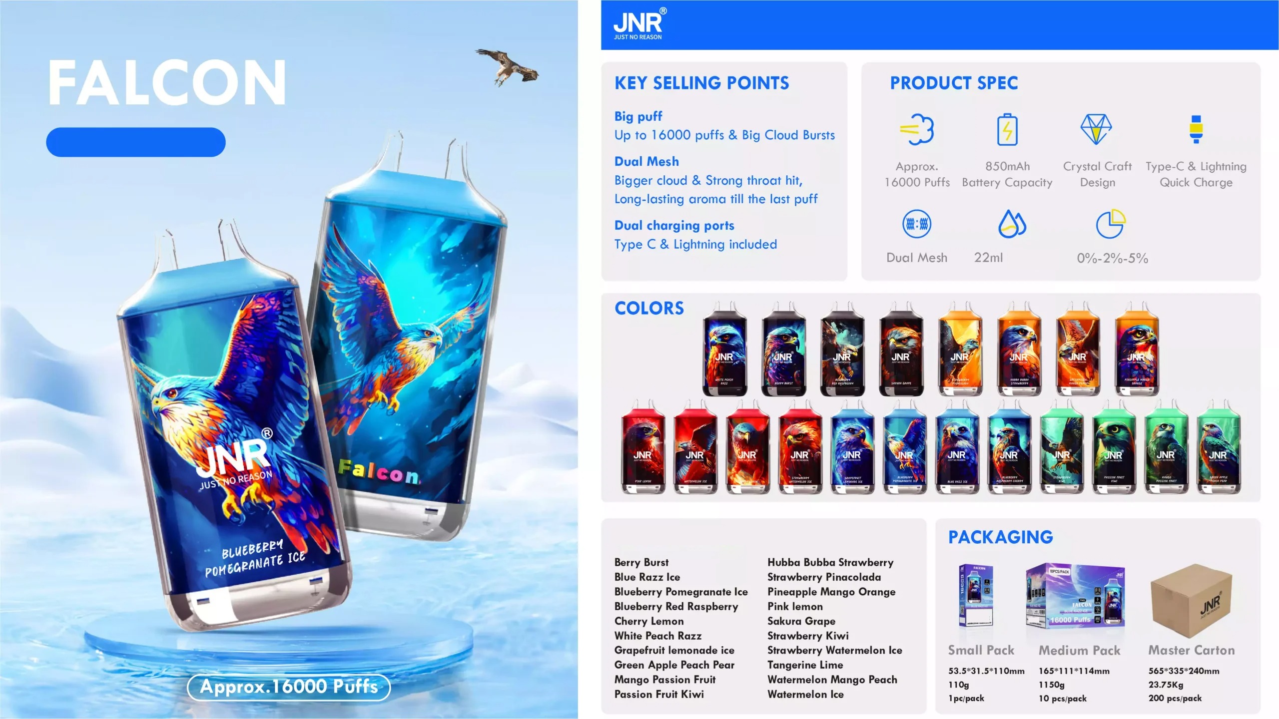 Caneta Vape Descartável Recarregável JNR Falcon 16000 Puffs Malha Dupla Crystal Craft 2% Baixa Intensidade Compra em Massa por Atacado