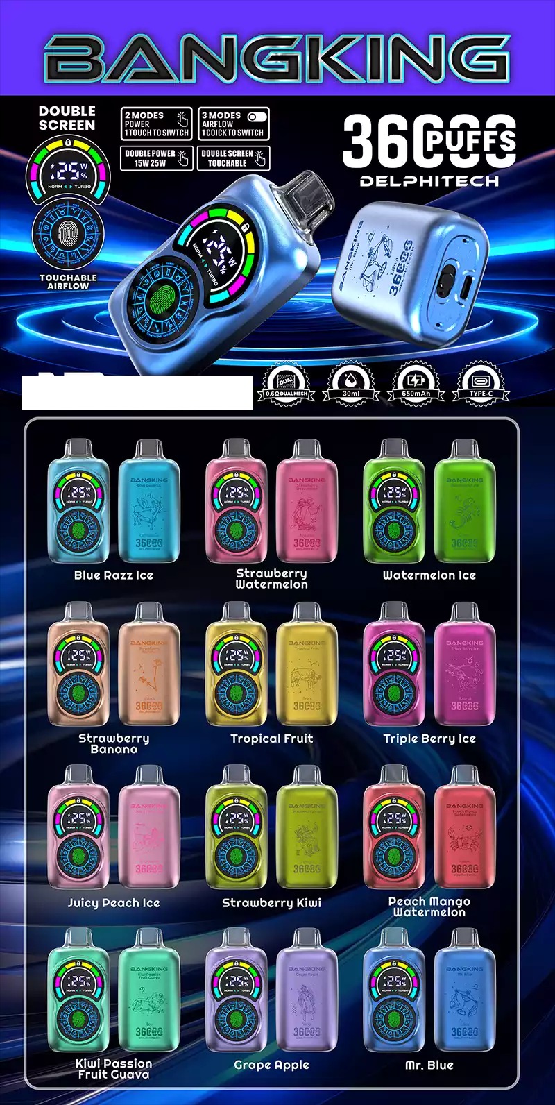BANG KING 36K Maitseb DSK034 Ekraan Madal Tugevus Laetav Ühekordselt Kasutatav Vape Hulgi