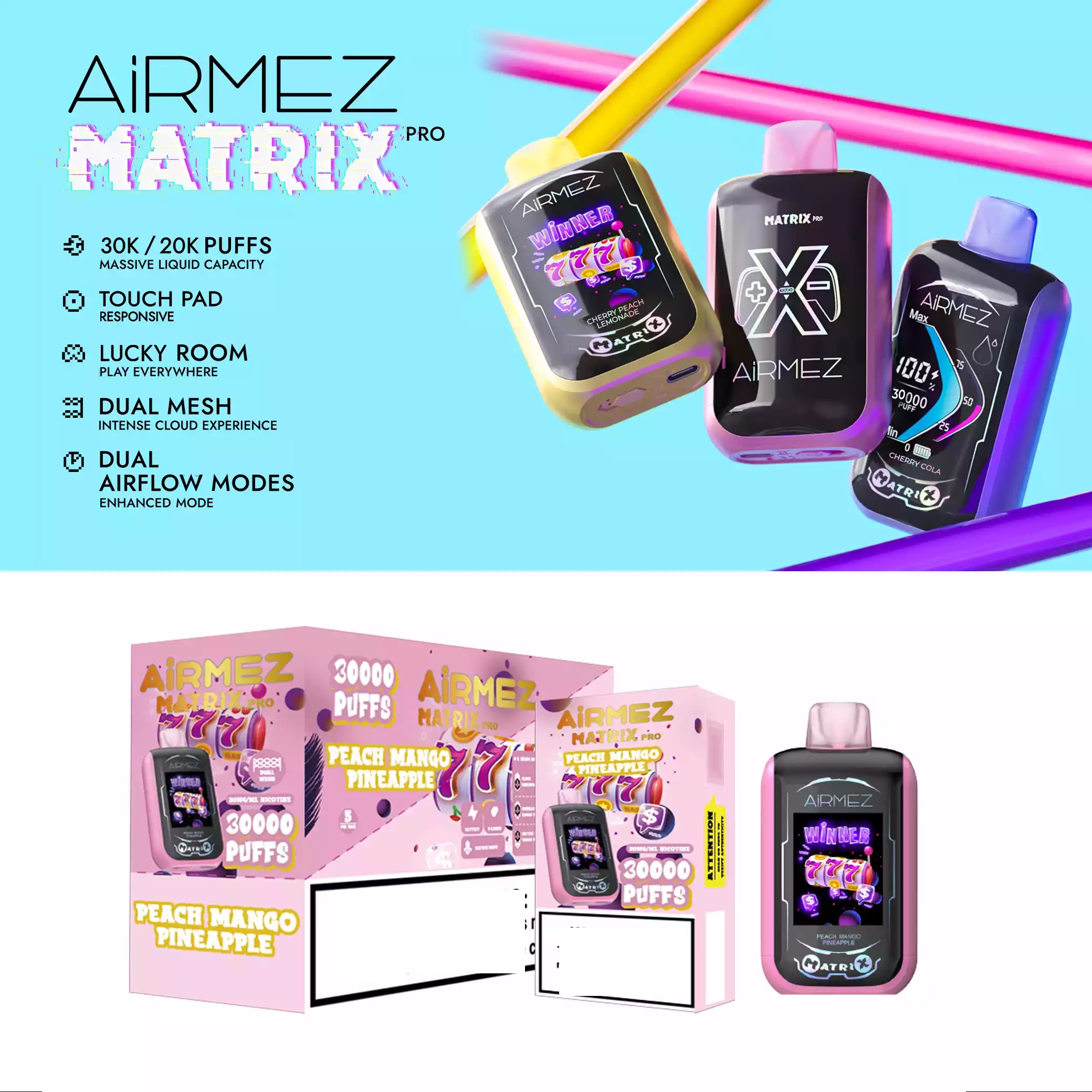 AIRMEZ MATRIX 30K Puffs Touch Screen Low Strength Bulk Buy Original Rechargeable Disposable Vapes Wholesale