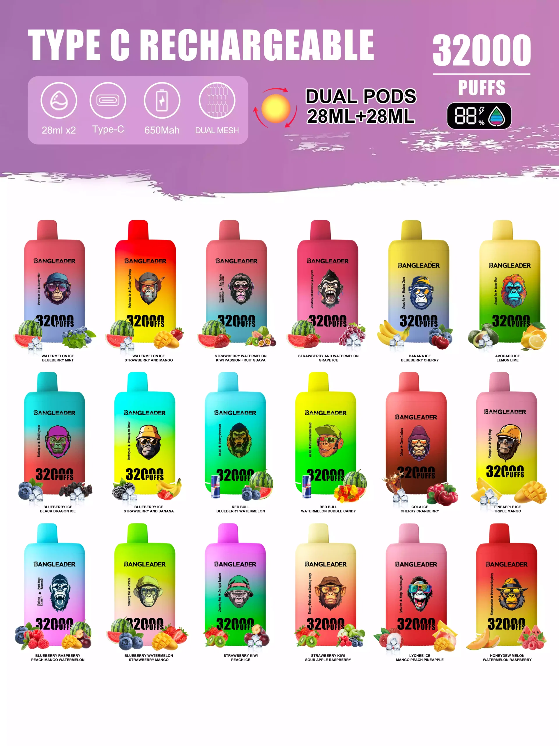 BANG LEADER 32K Puffs Double Tastes Screen Low Strength Bulk Buy Original Rechargeable Disposable Vapes Wholesale