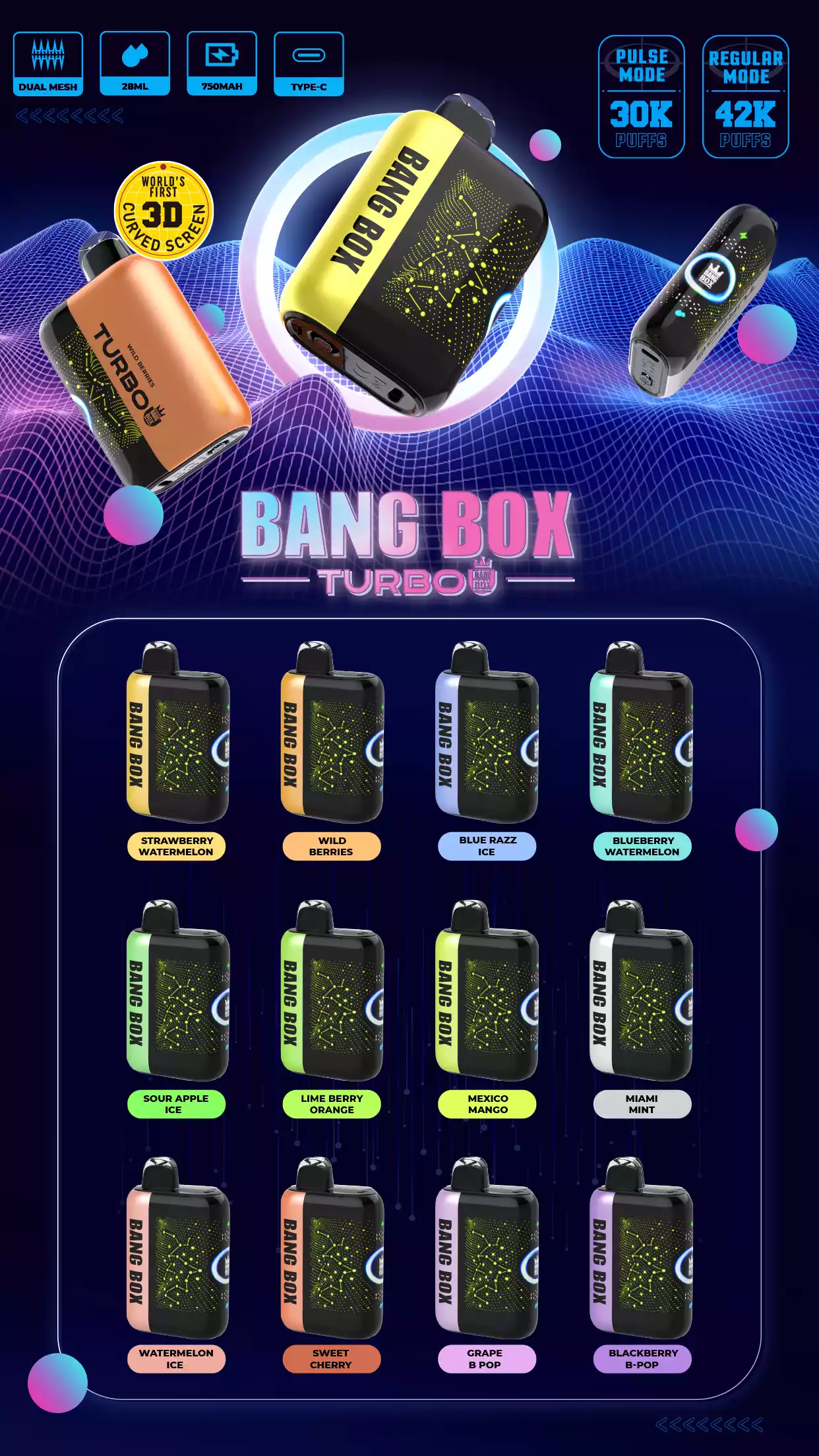 BANG BOX TURBO 42K Puffs 3D Buet Display Lav Styrke Bulk Køb Original Genopladelig Engangs Vapes Holesale