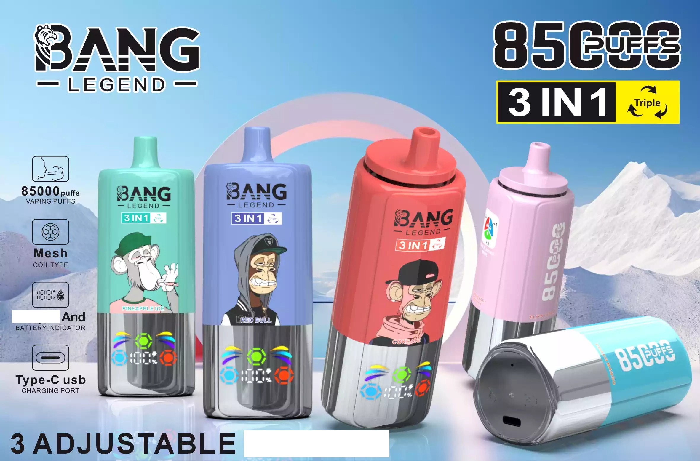 BANG LEGEND 85K Puffs DSK058 Tre Smagsoplevelser Skærm Lav Styrke Mængde Køb Original Genopladelig Engangs Vapes Engros