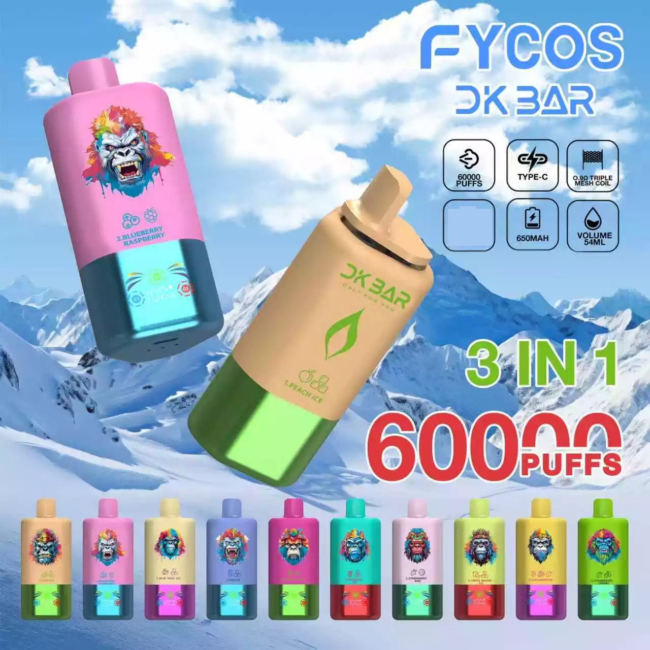 Compre em grandes quantidades os Vapes Descartáveis Recarregáveis FYCOS Triple 60K Puffs com Tela e Força Baixa, produtos originais para venda no atacado.
