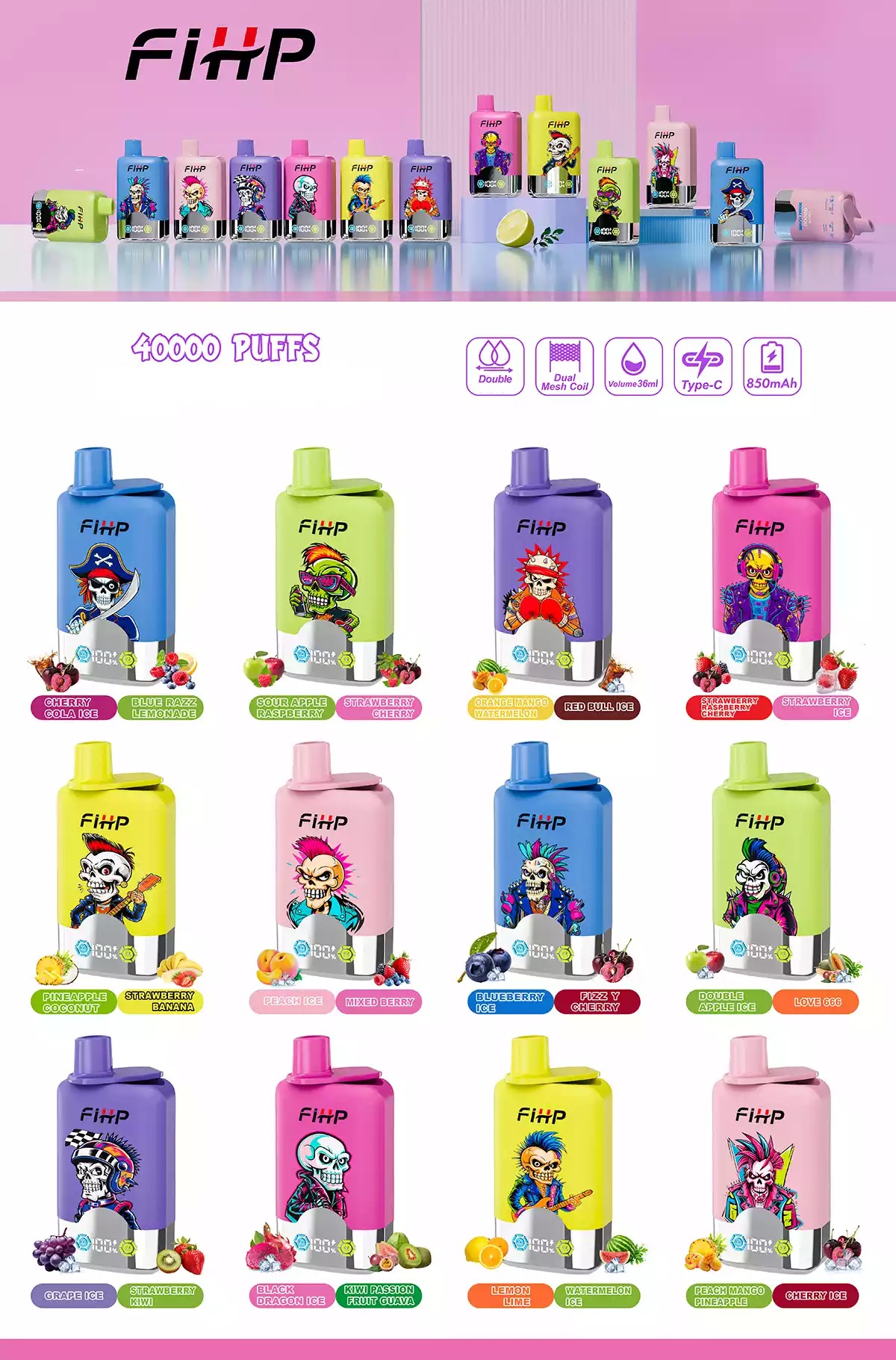 ФИХП 40К Пффс Двойной Вкус Экран Низкая Сила Оптовая Покупка Оригинальные Перезаряжаемые Одноразовые Вейпы Оптом