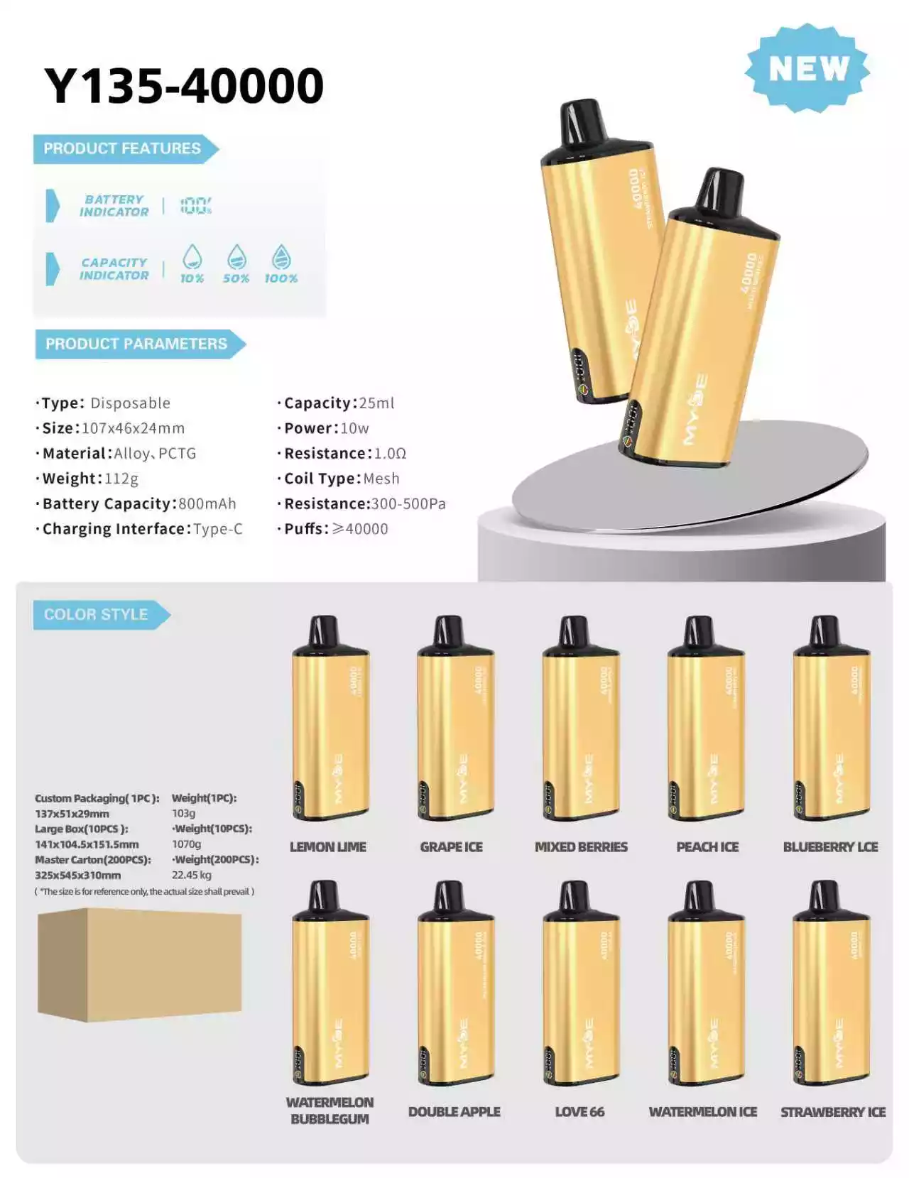 Můjde Y135 40000 Puffs Dobíjecí Jednorázová Vape 18ml Kapacita 20 mg vzorec