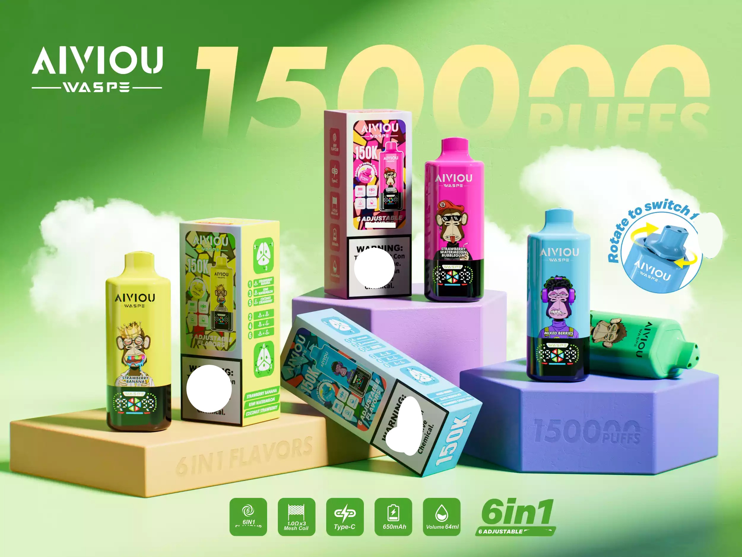 WASPE AIVIOU 150K Puffs 6 in 1 Tastes Low Strength Bulk Buy Original Rechargeable Disposable Vapes Wholesale