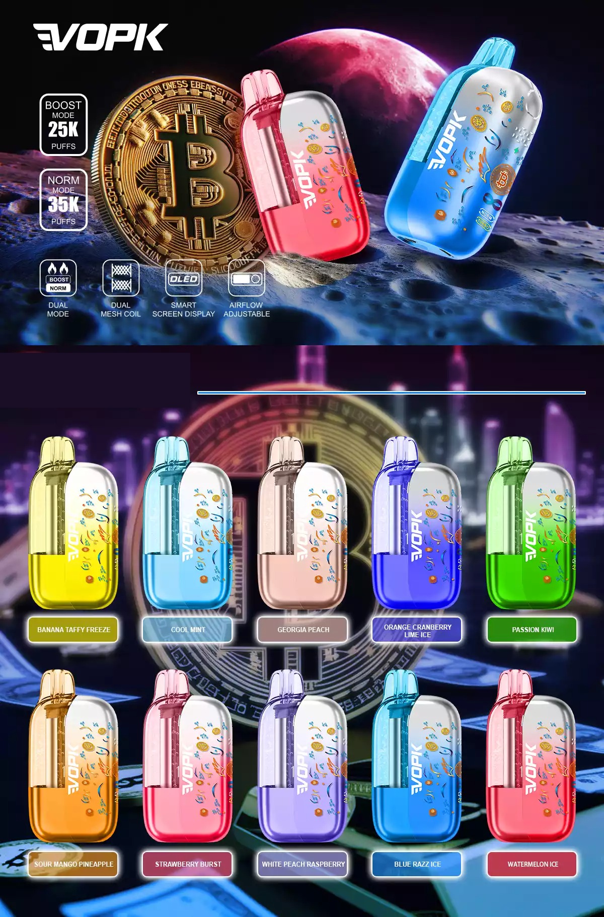 VOPK BTC 35000 Puffs 35K Disposable Vapes Wholesale Bulk Buy Adjustable Airflow Dual Power Modes Full Screen Display