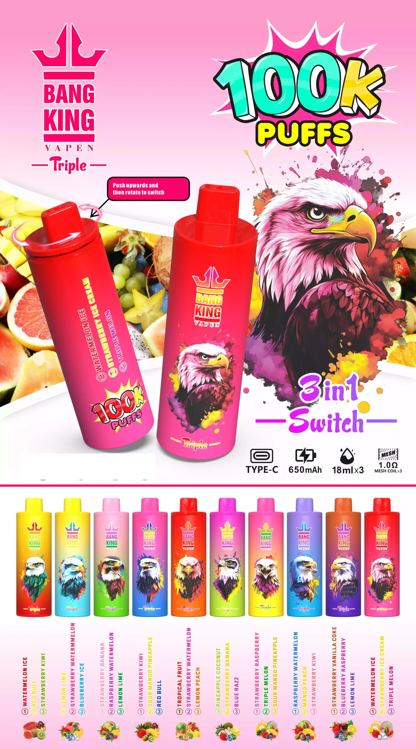 BANG KING 100K DSK043 100000 Puffs Engangs Vapes 3 i 1 Switch Flere Smagsmuligheder Grossist Kulkøb