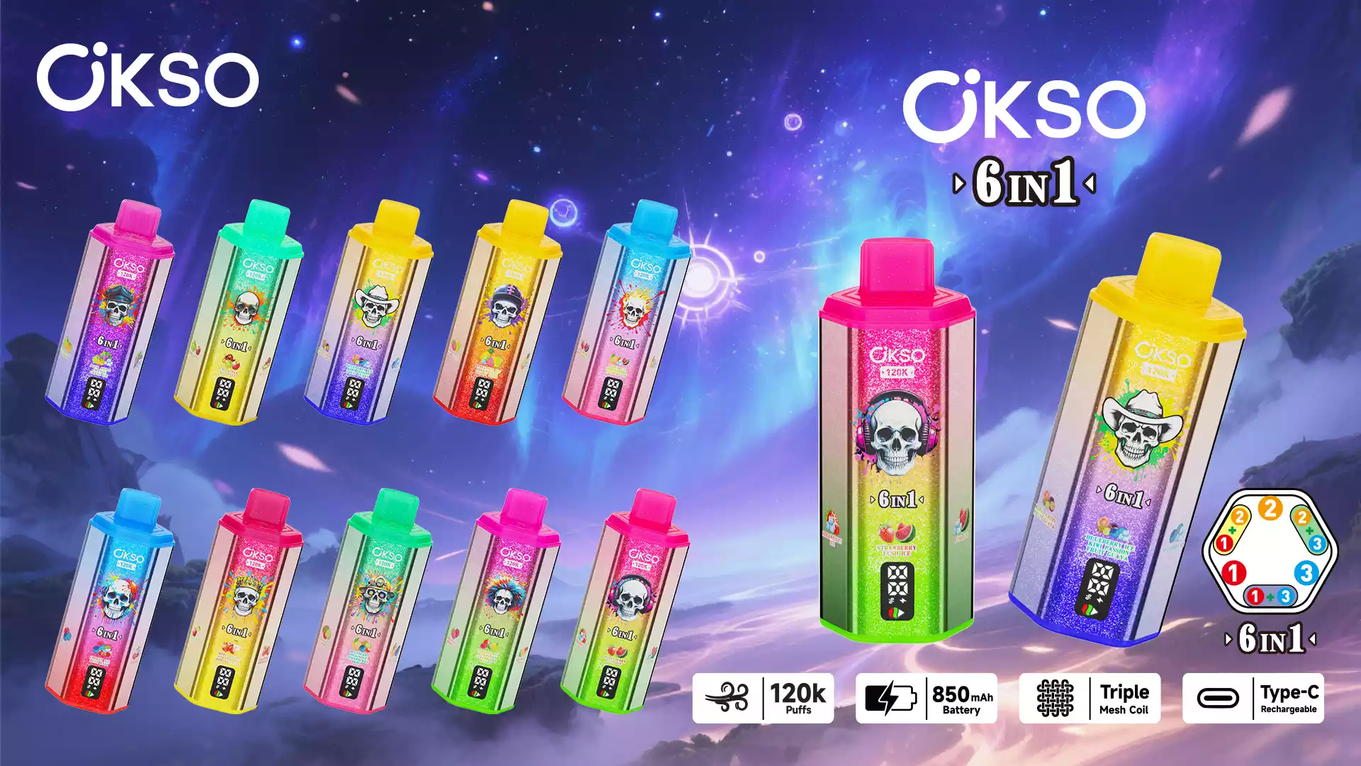 OKSO 6in1 120K 120000 Puffs Disposable Vapes Triple Mesh Coi LED Display Wholesale Bulk Buy