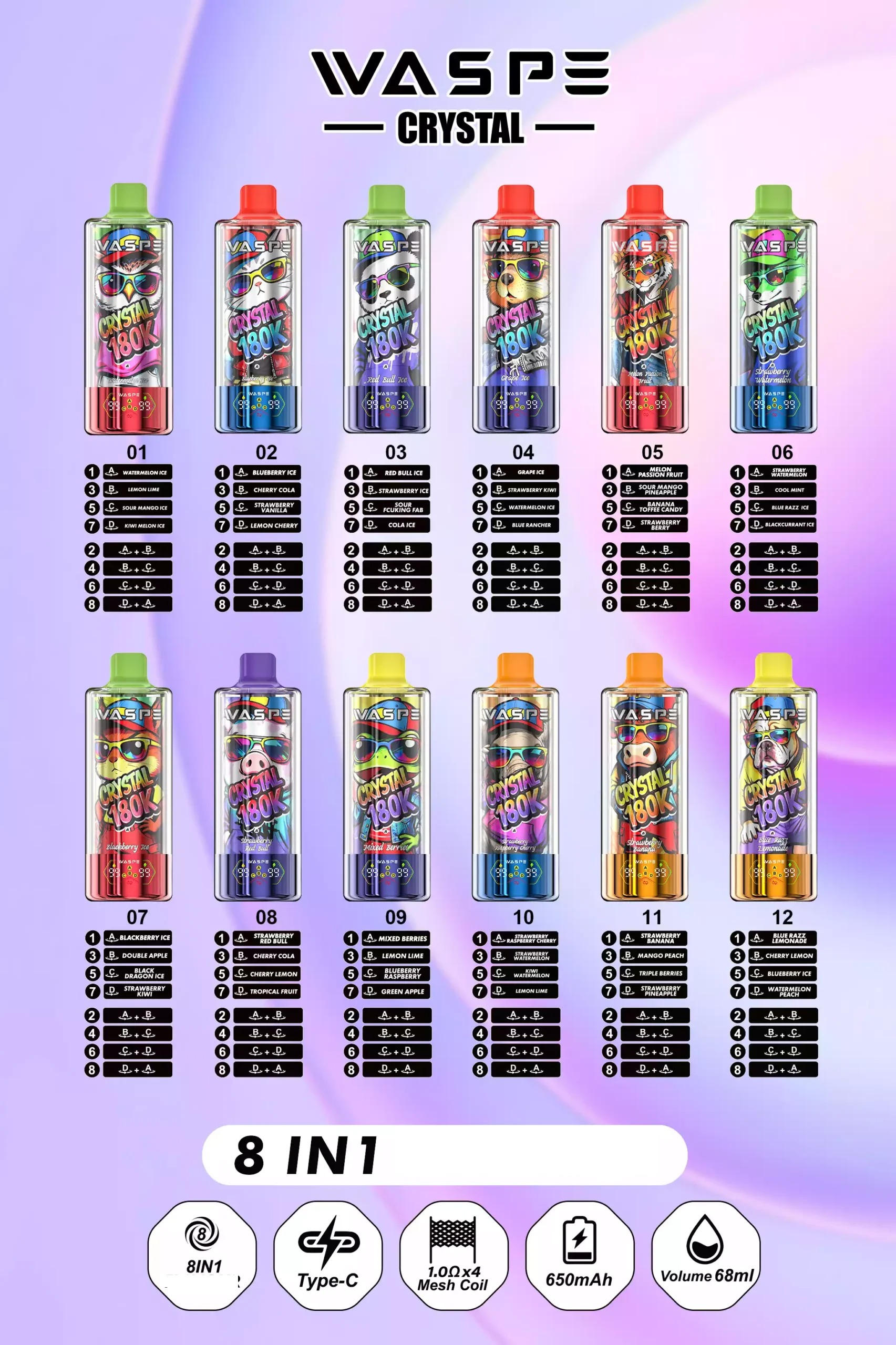 WASPE 8 in 1 Crystal 180K Disposable Vapes 180000 Puffs Wholesale Bulk Buy Mesh Coil High Capacity Vape