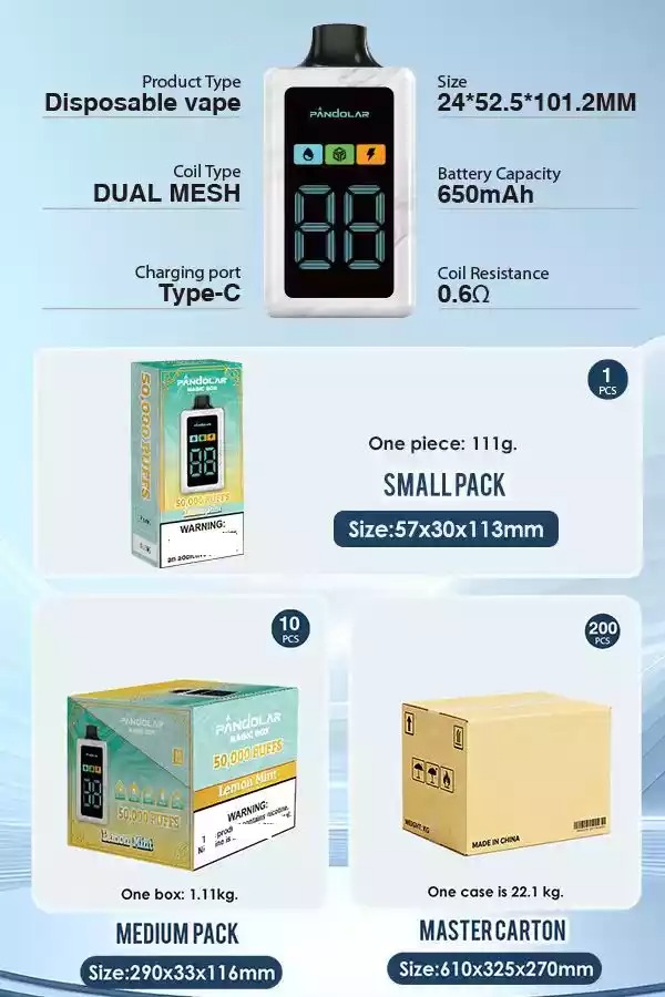 PANDOLAR Sihirli KUTU 50K 50000 Puff'lı Tek Kullanımlık Vape 3 Tat Seçimi Toptan Toplu Alışveriş Çift Ağ Digital Ekran