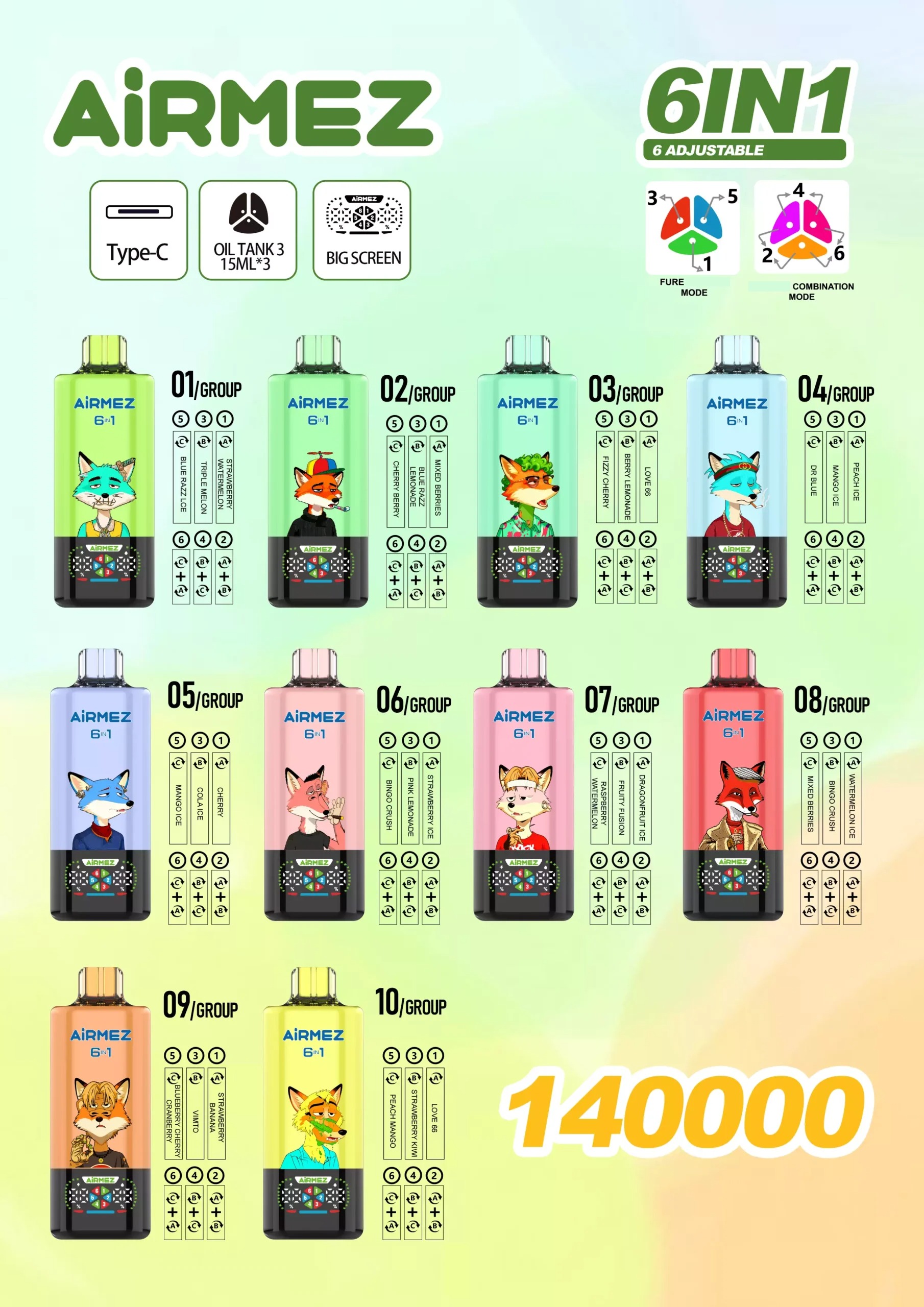 AIRMEZ FOX 140000 Puffs 6 IN 1 140K Disposable Vapes Wholesale Bulk Buy Triple Oil Tank Big Screen