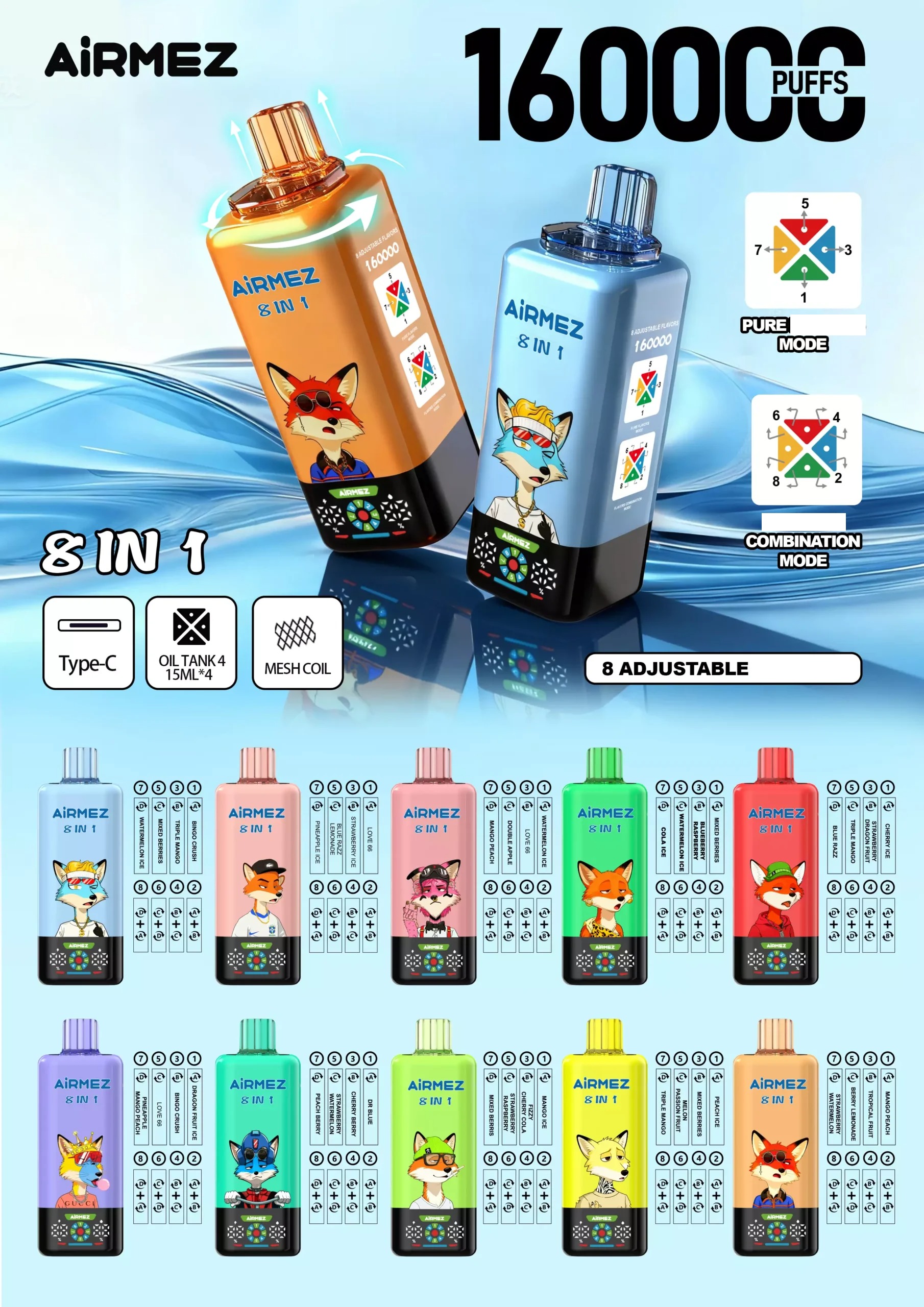 AIRMEZ FOX 160000 Puffs 8 IN 1 160K Bulk Buy Original Rechargeable Disposable Vapes Wholesale Quadruple Oil Tank Smart Display