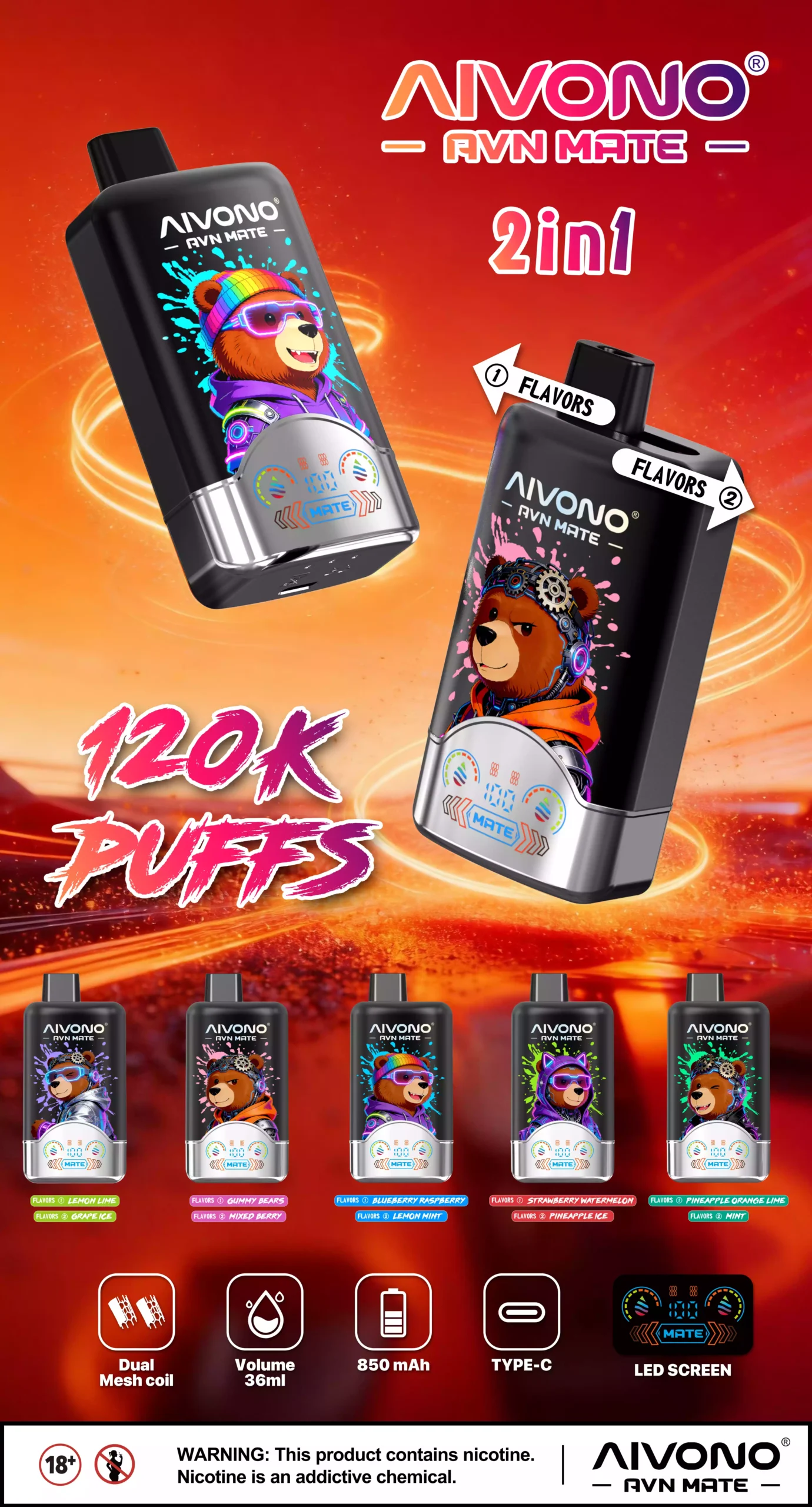 AIVONO AVN MATE 120K 120000 Puffs Tek Kullanımlık Vape Toptan Alışveriş Yüksek Kapasiteli Çift Ağızlı Bobin LED Ekran Çift Test