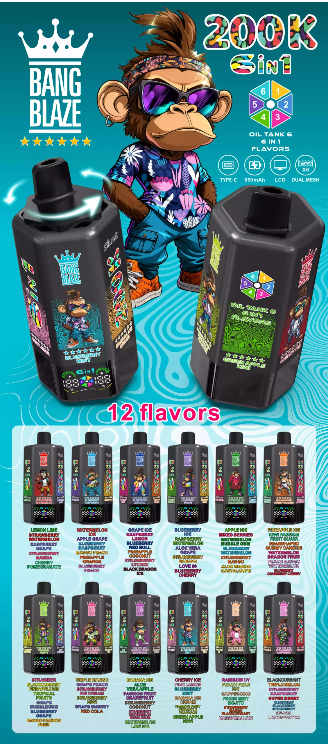 BANG BLAZE 200K DSK069 200000 Puffs Disposable Vapes Wholesale Bulk Buy Long Lasting Dual Mesh Coil Smart Display