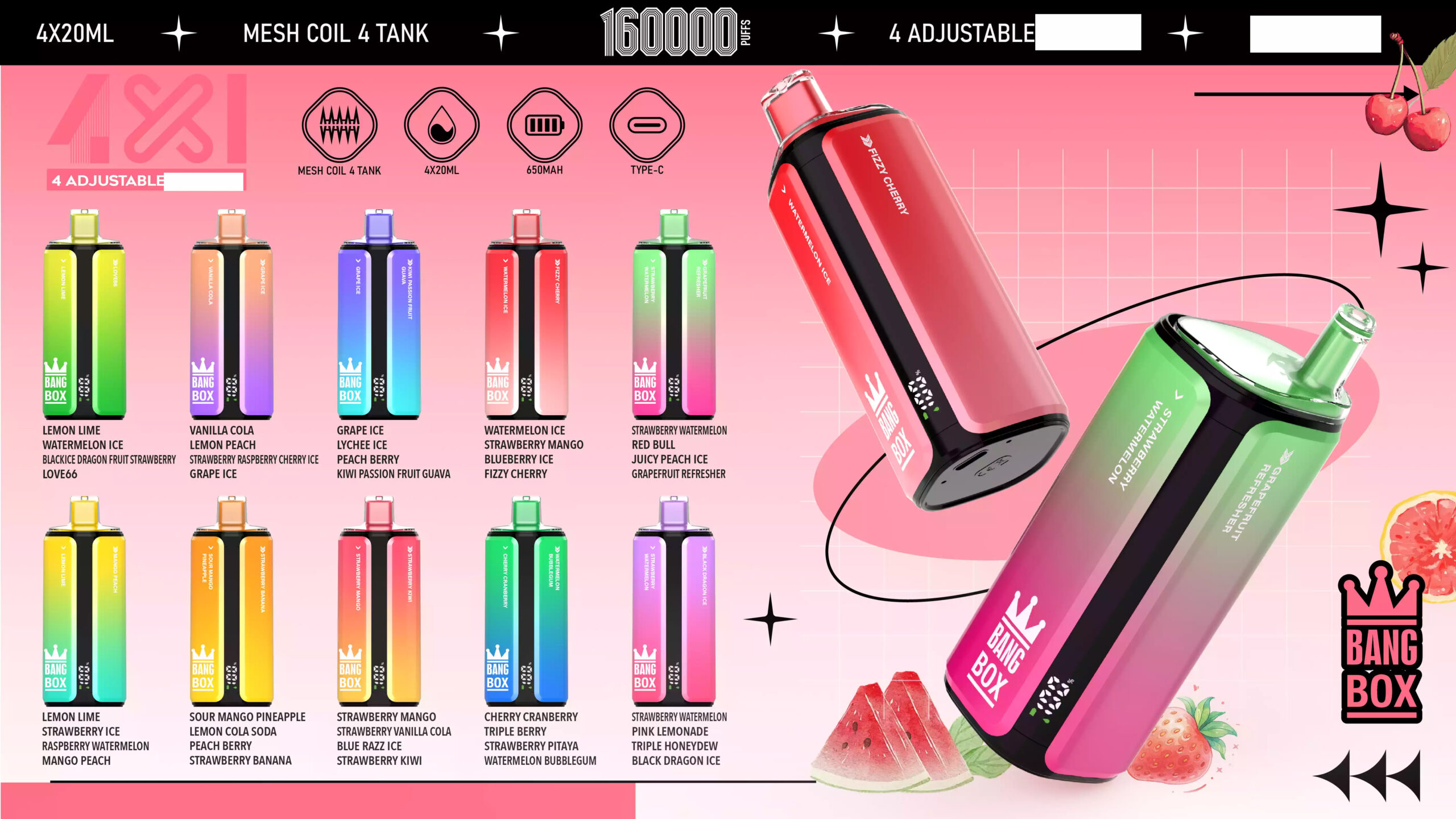 BANG BOX 160000 Puffs Engangs Vapes Holesale Bulk Køb 160K 4 i 1 Test Mesh Coil Smart Display