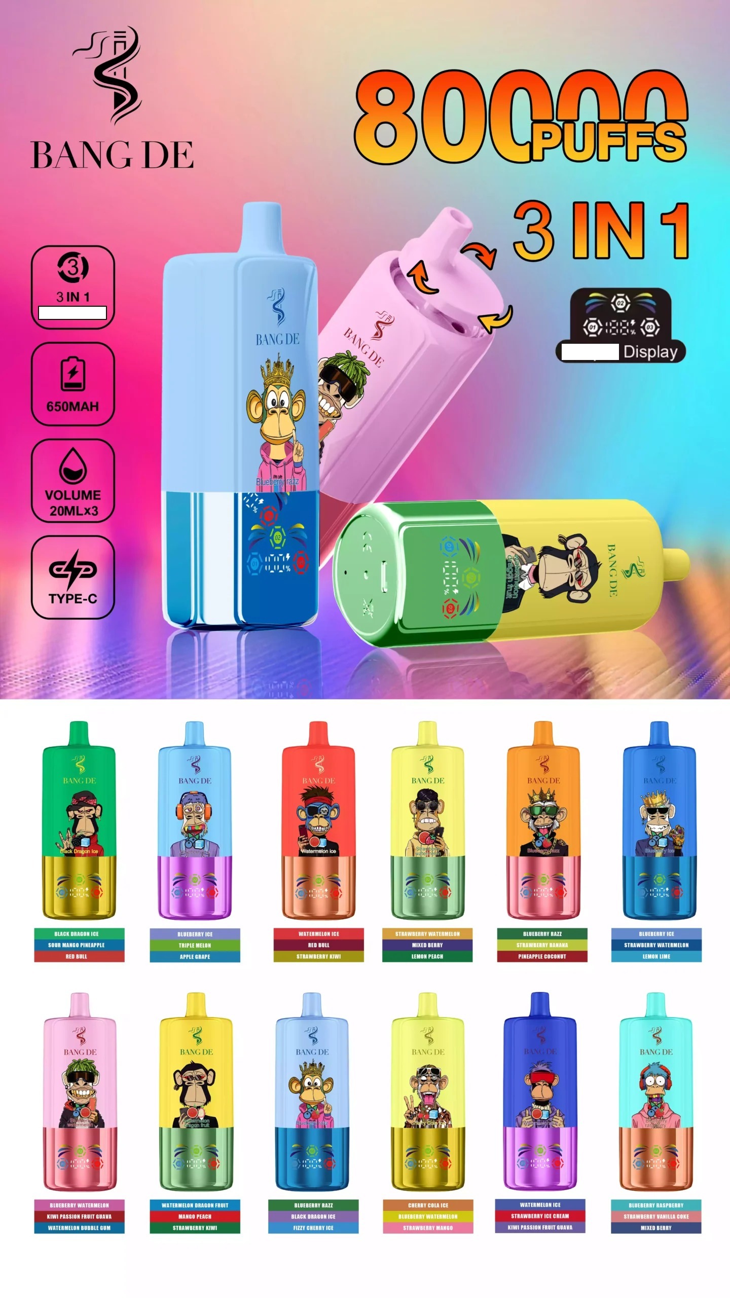 BANG DE 80K 80000 Puffs Disposable Vapes Wholesale Bulk Buy LED Light Ring Triple Pod System