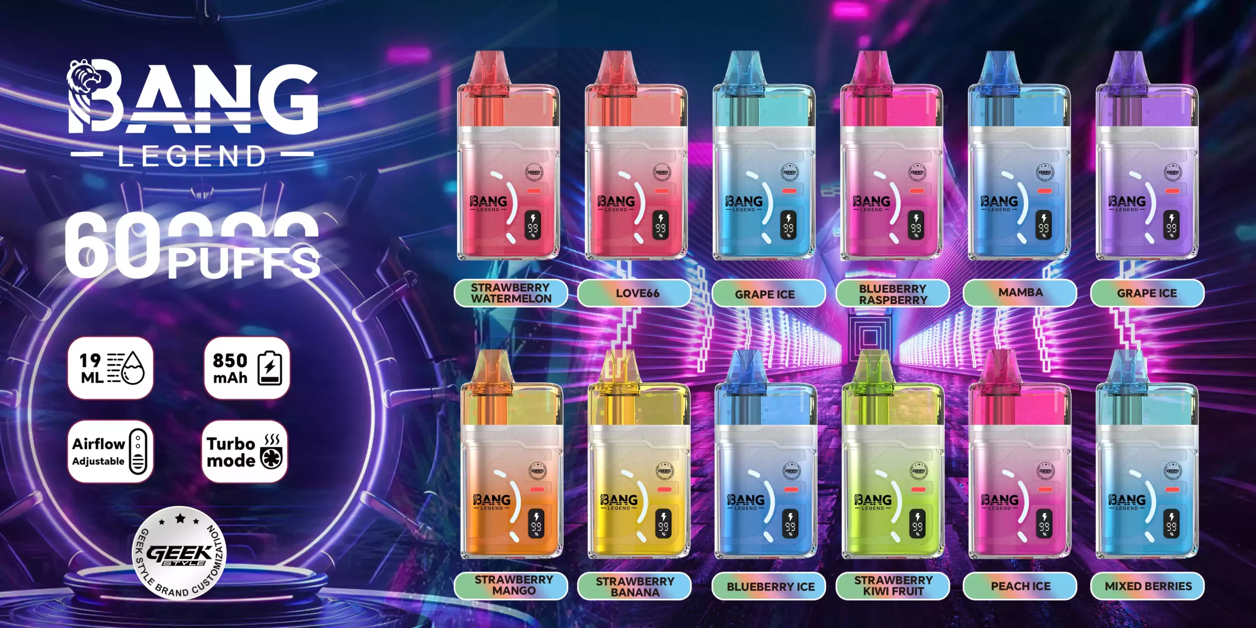 BANG LEGEND Geek 60K Disposable Vapes Wholesale Bulk Buy 60000 Puffs Airflow Adjustable Turbo Mode Rechargeable High Capacity Device