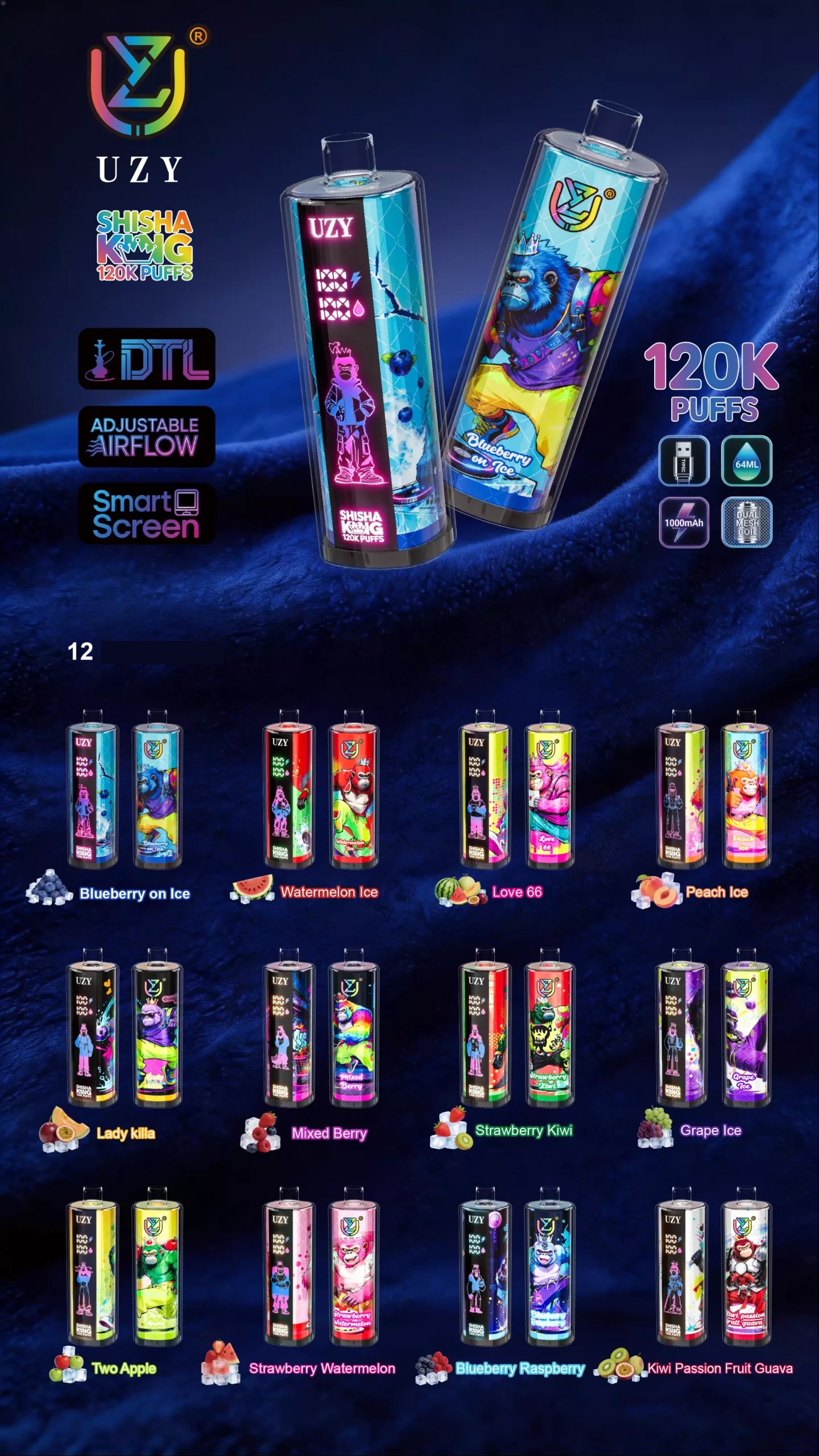 UZY SHISHA HOOKAH KING 120000 Puffs 120K Disposable Vapes Wholesale Bulk Buy Smart Screen Quad Mesh Coil Crystal Design