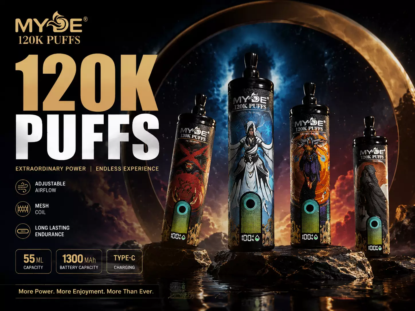 MYDE 120000 затяжек 120K оптовая покупка оригинальных перезаряжаемых одноразовых вейпов с регулируемым воздушным потоком и умным дисплеем
