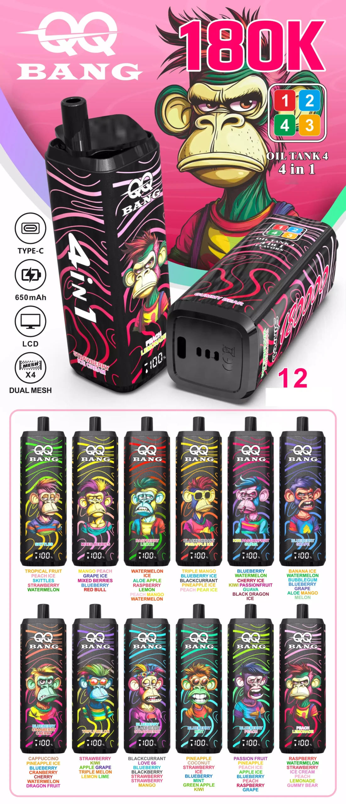 QQ BANG 180000 Puffs DSK070 180K Disposable Vapes Wholesale Bulk Buy 4 IN 1 Tastes Dual Mesh LCD Display