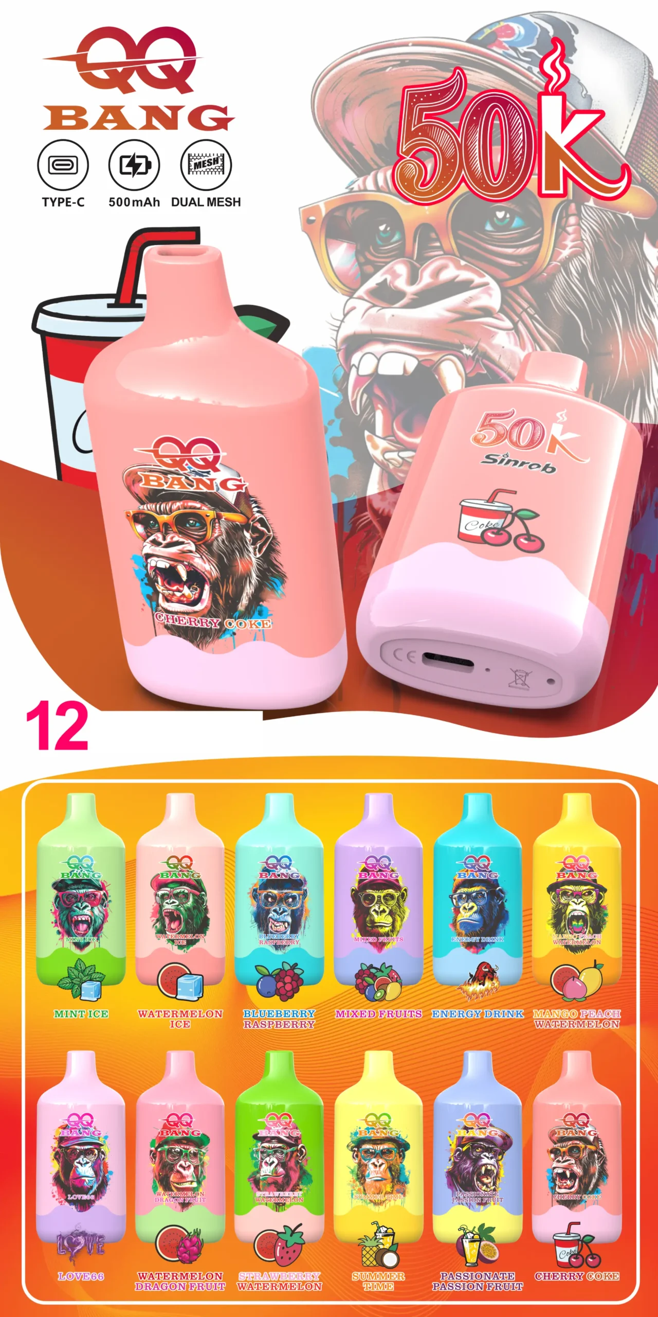QQ BANG 50000 Puffs DSK072 50K Vape Monouso Acquisto all'Ingrosso Bobina a Doppia Maglia Alta Capacità