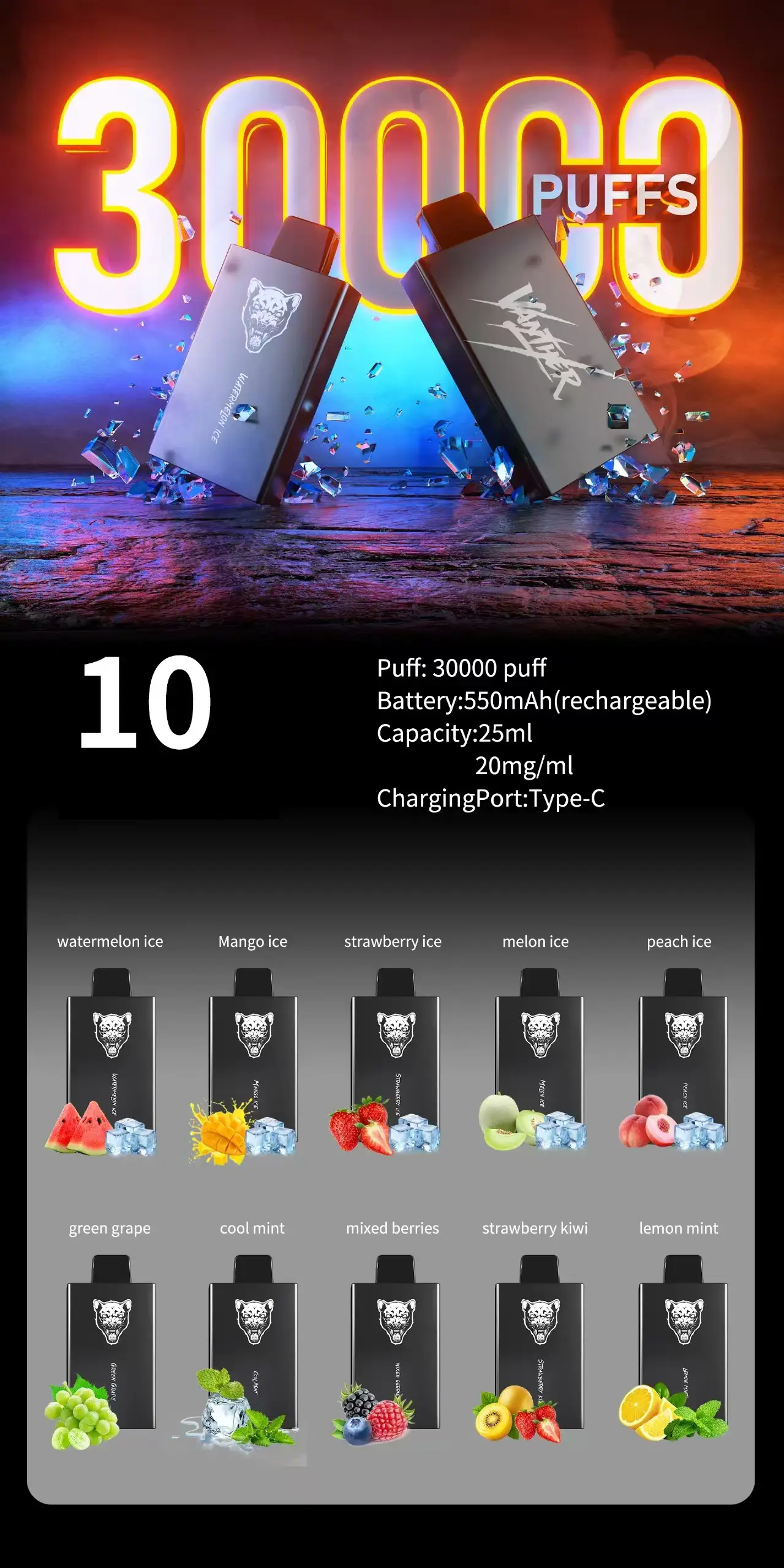 VANTHER 30000 Puffs DSK077 30K Premium Engangsvape Original Dual Mesh Coil Engros Bulk Køb