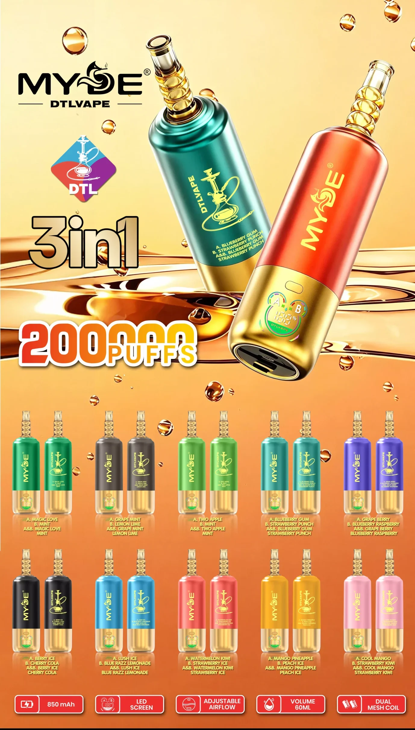 MYDE DTL 3IN1 200000 Puffs 200K Rechargeable Disposable Vapes Original Wholesale Bulk Buy Shisha Hookah Smart Display