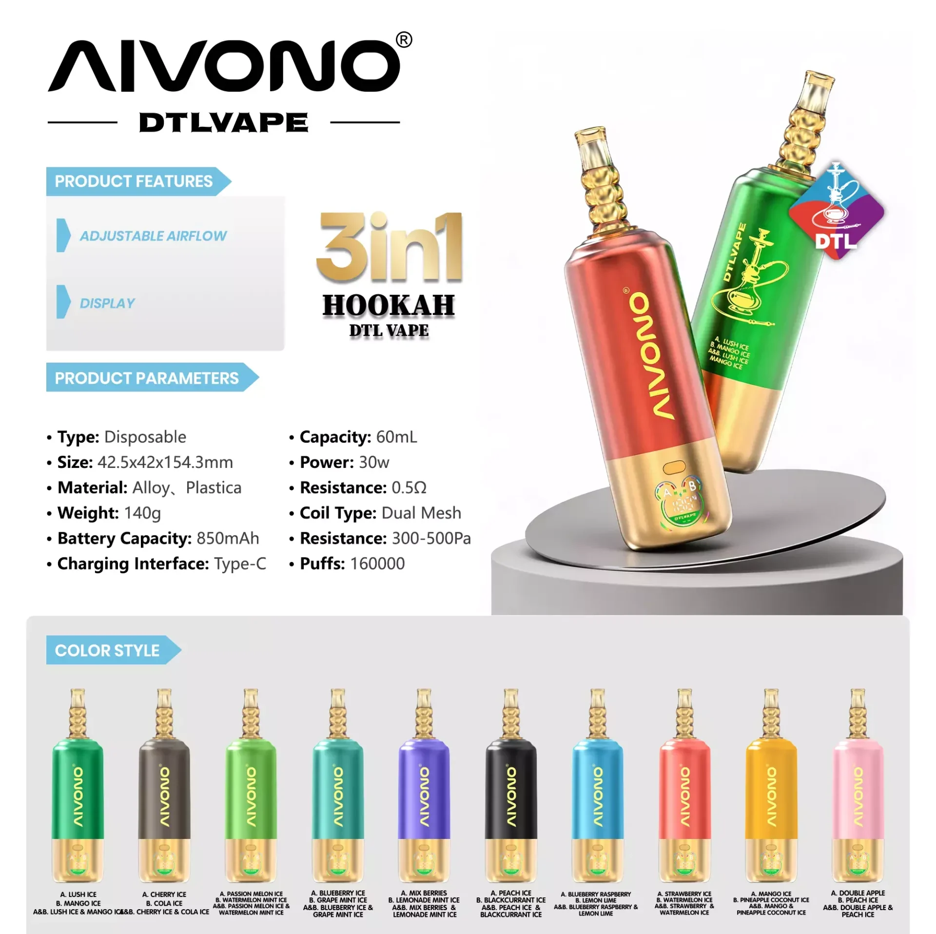 AIVONO 160000 Puffs 160K 3IN1 Hookah DTL Vape Bulk Buy Rechargeable Disposable Vapes Dual Mesh Original Premium Wholesale