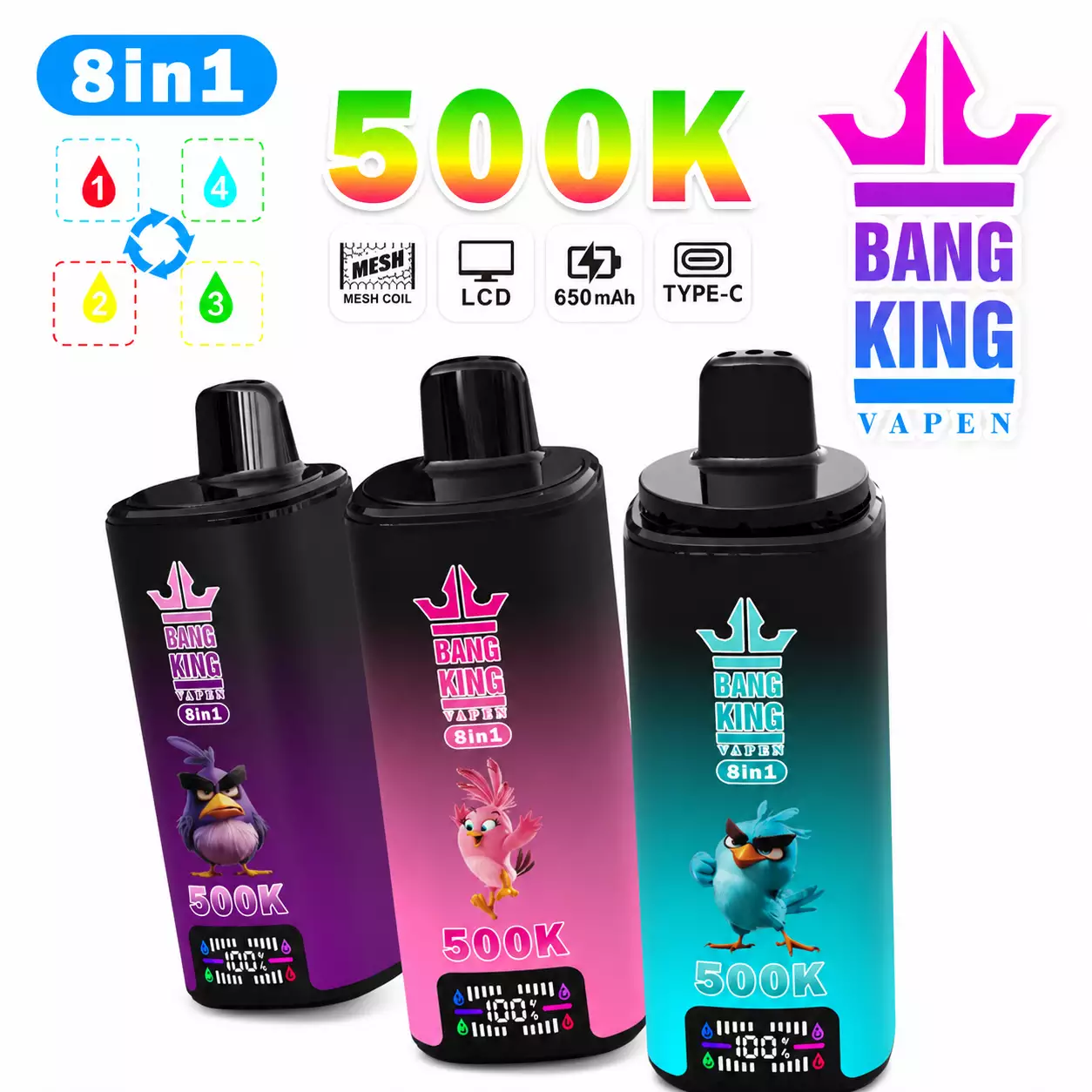 BANG KING 500000パフ 8-in-1 テイスト DSK073 500K 充電式使い捨てVape ヨーロッパ スマートディスプレイ 卸売 まとめ買い