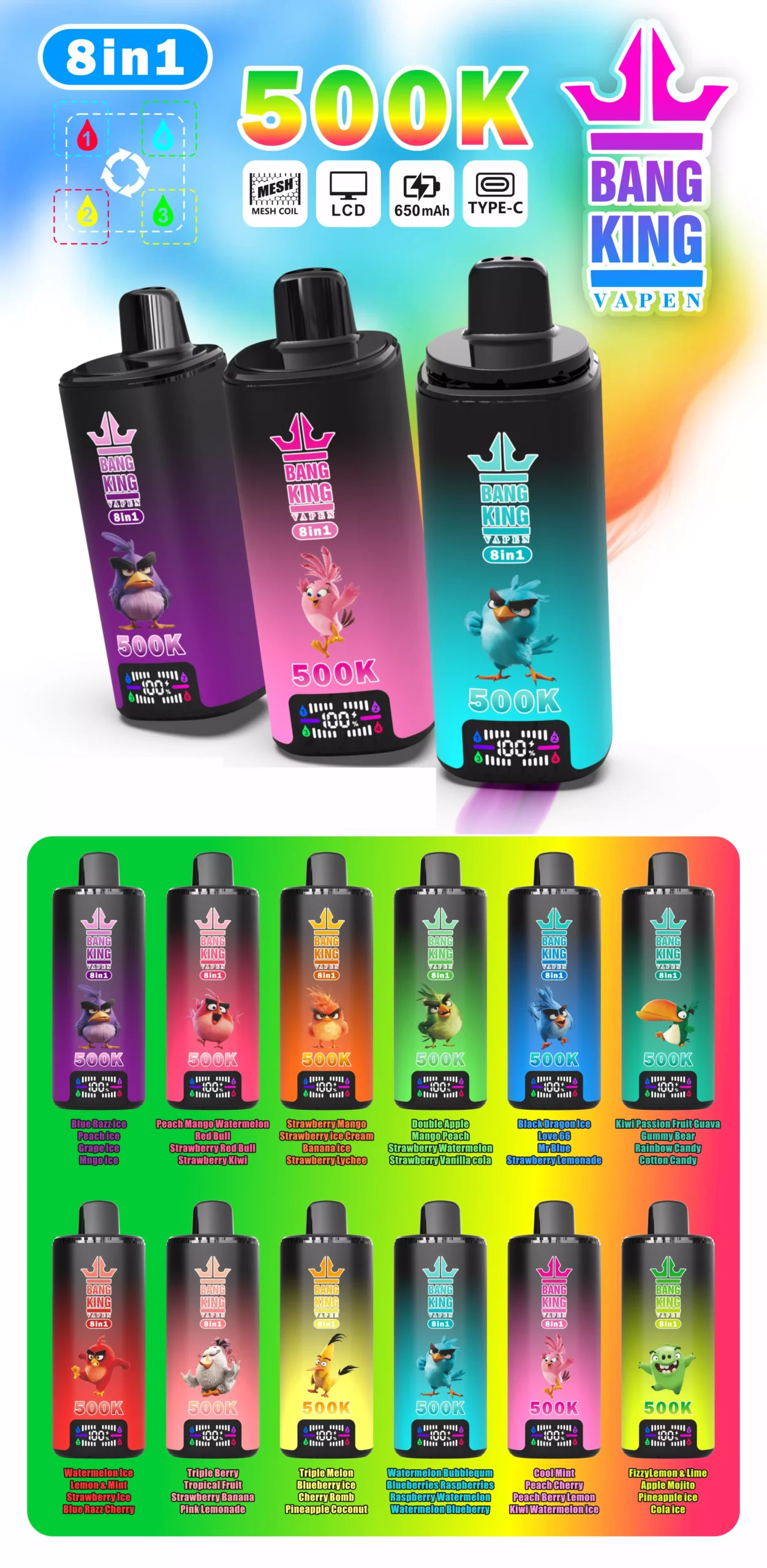 BANG KING 500000 Puffs DSK073 500K Rechargeable Disposable Vapes European 8IN1 Tastes Smart Display Wholesale Bulk Buy