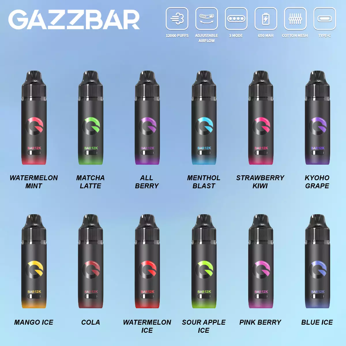 GAZZBAR 12000 Puffs 12K Wholesale Rechargeable Disposable Vapes European Mesh Coil Bulk Buy — изображение 4