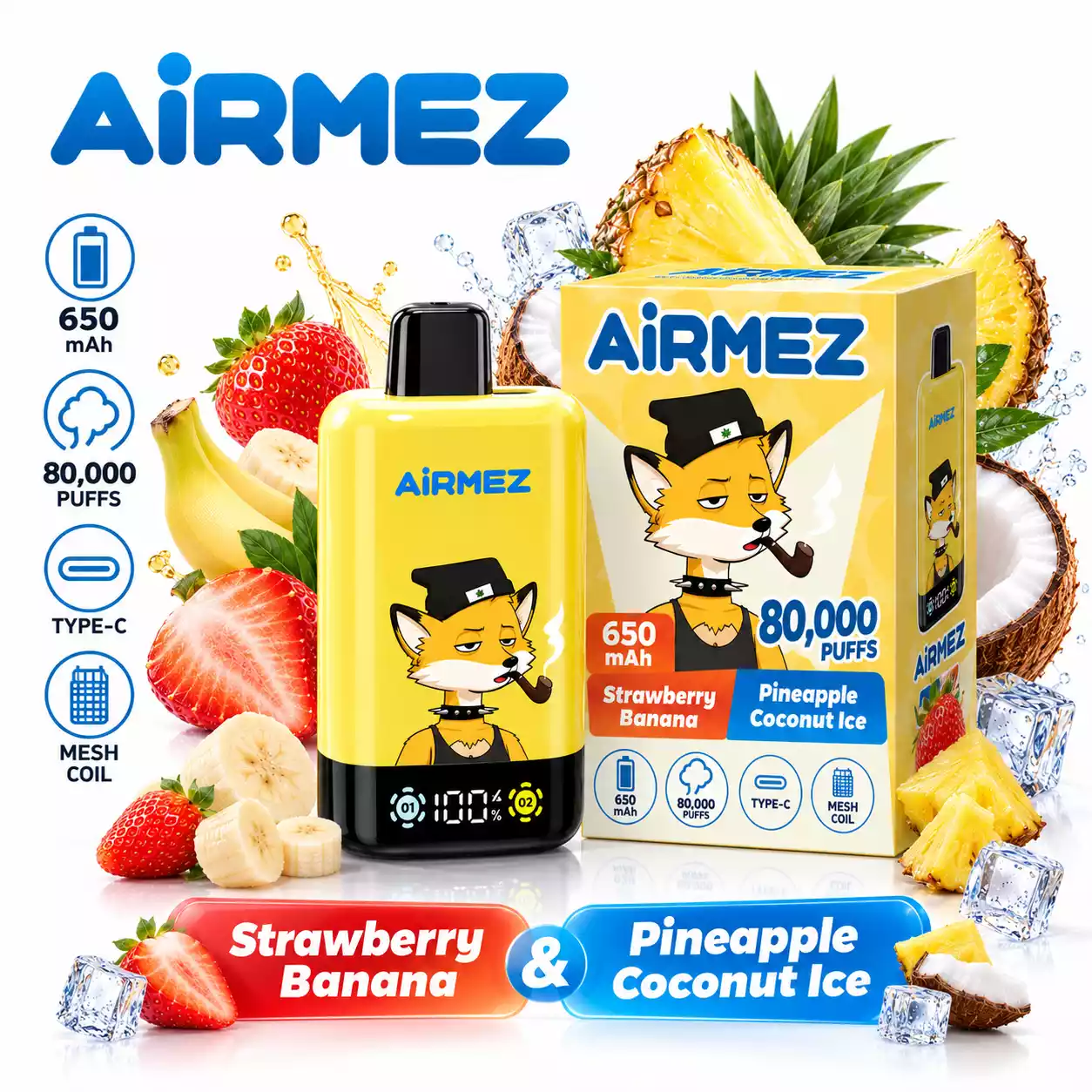AIRMEZ FOX 2 In 1 PRO 80000 Puffs 80K Wholesale Rechargeable Disposable Vapes Digital Screen Bulk Buy