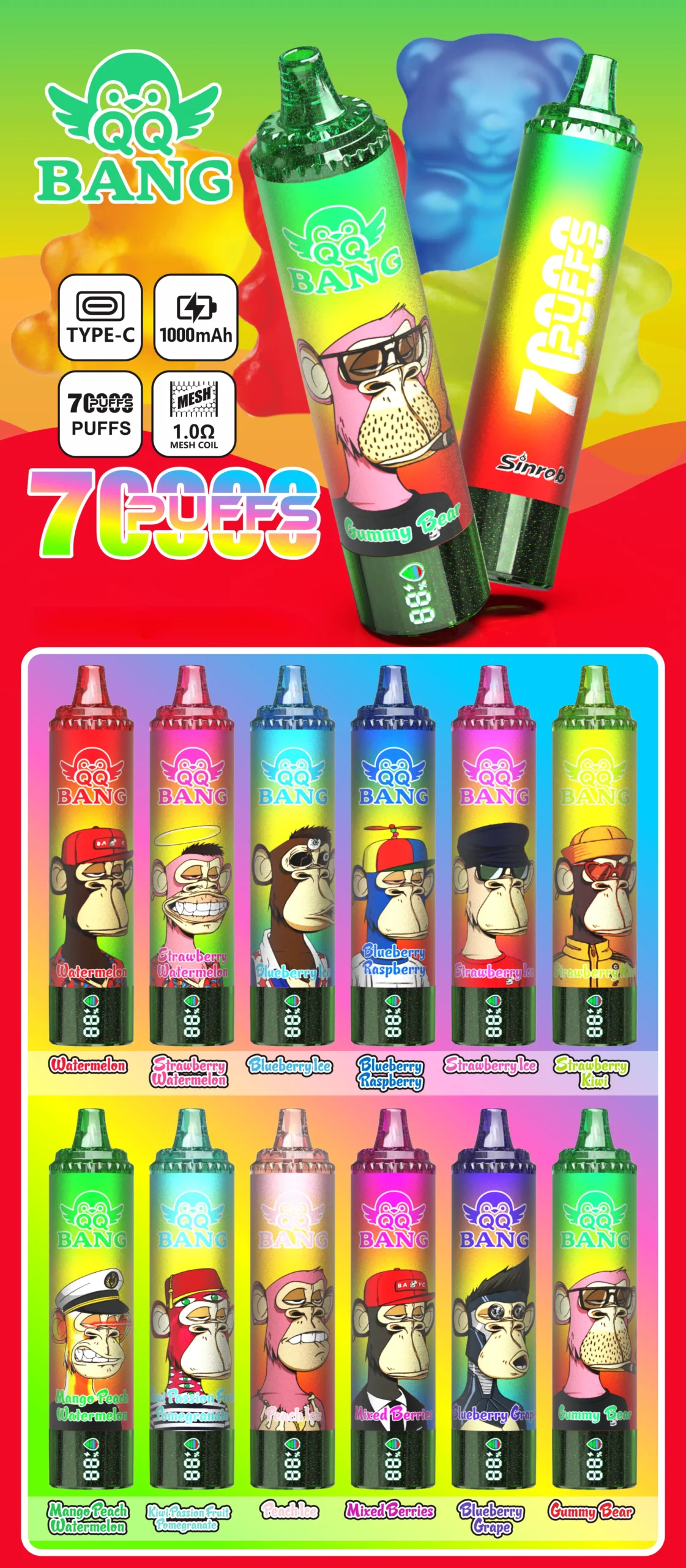 QQ BANG 70000 Puffs DSK059 70K Rechargeable Disposable Vapes Wholesale DTL High Capacity Digital Display Bulk Buy