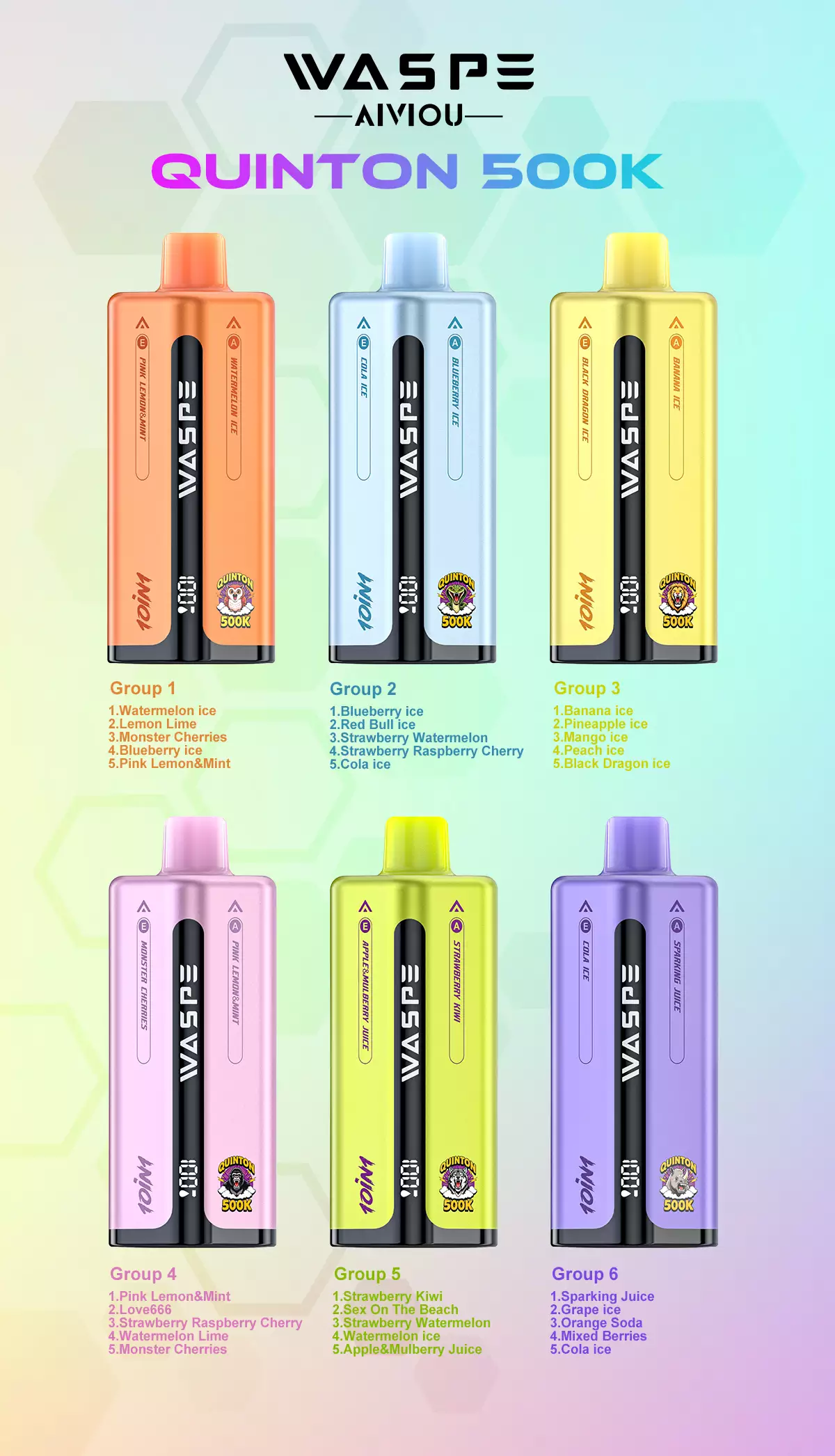 WASPE AIVIOU 10 In 1 QUINTON 500000 Puffs 500K Bulk Buy Original Rechargeable Disposable Vapes Wholesale LED Display