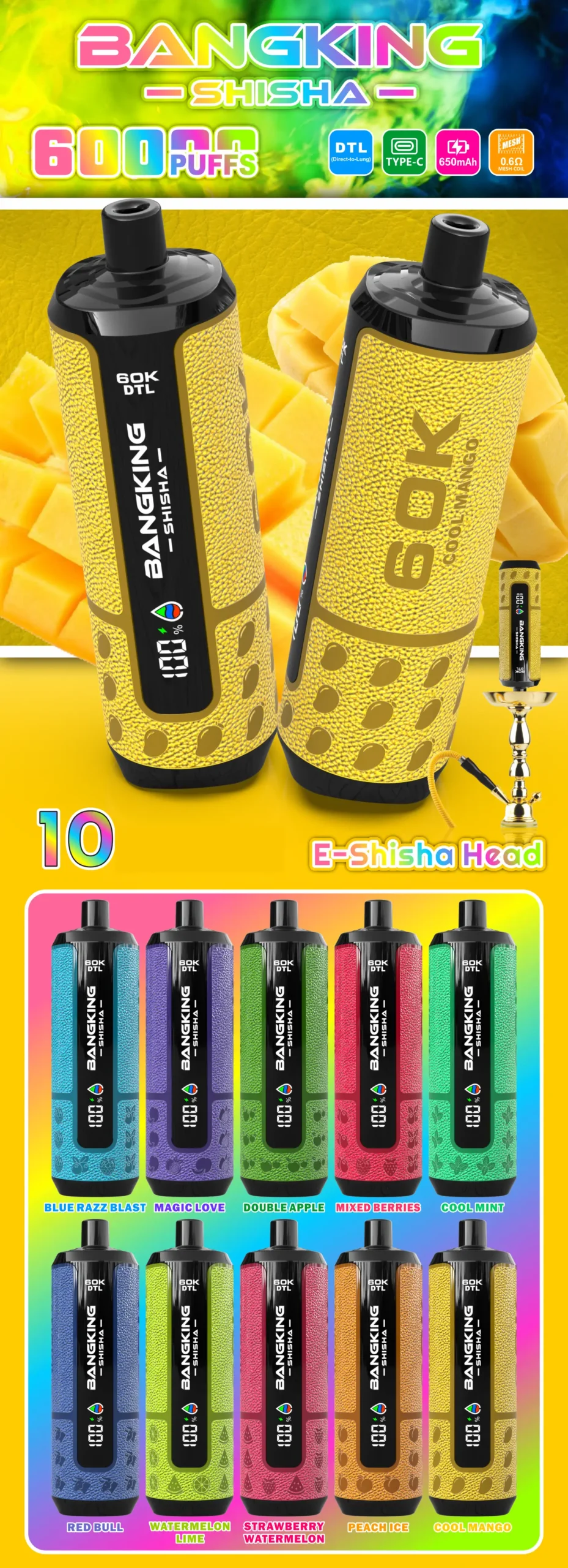 BANG KING 60000 Puffs DSK091 60K Rechargeable Disposable Vapes DTL Wholesale Bulk Buy Digital Display