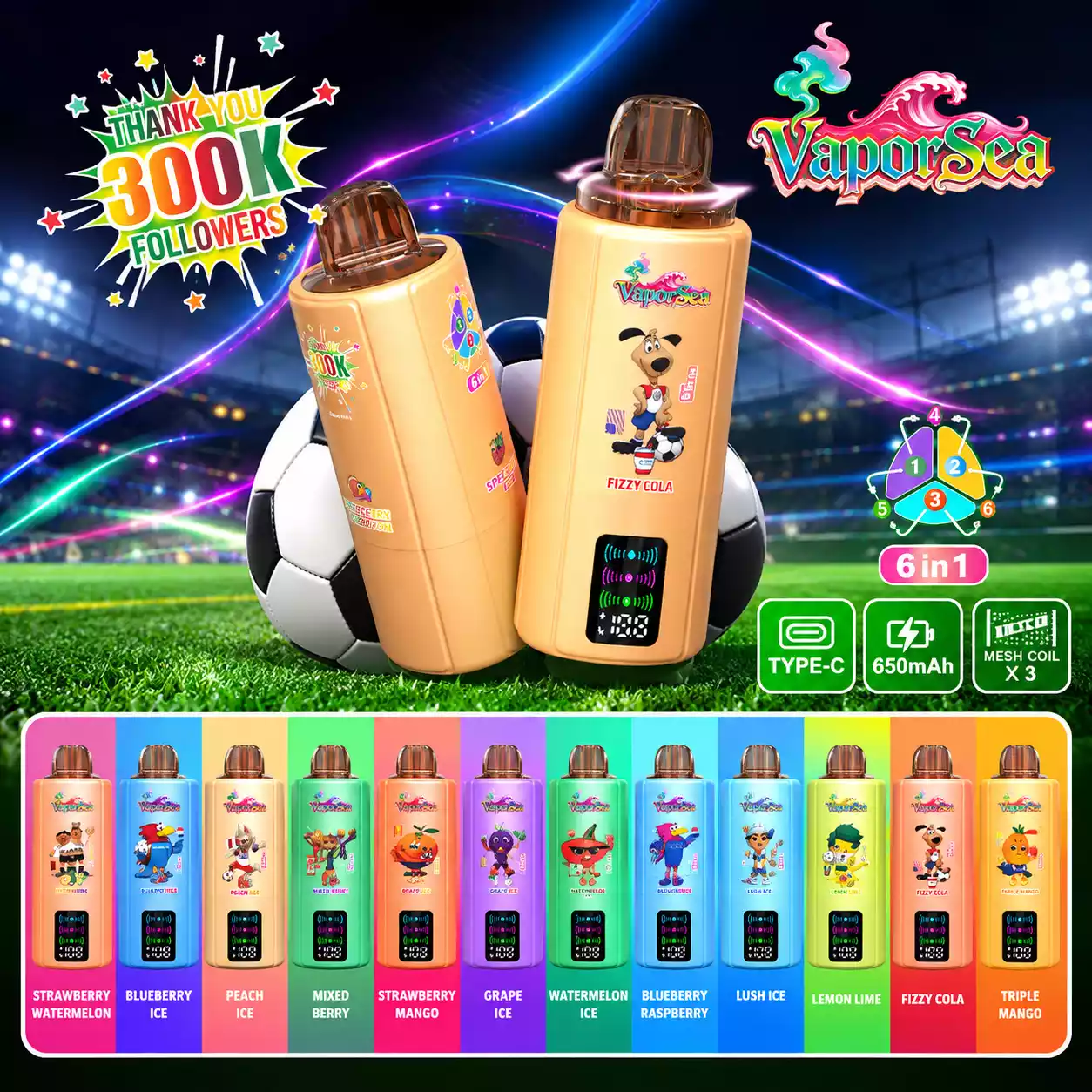 BANG VAPORSEA 300000 Puffs 300K 6 In 1 Rechargeable Disposable Vapes Wholesale Bulk Buy Digital Screen
