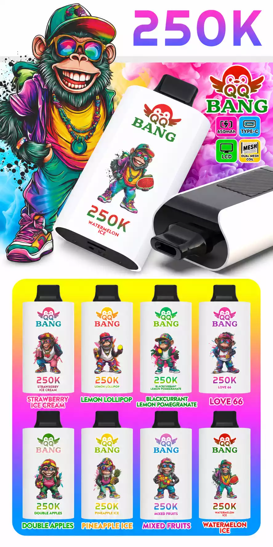 QQ BANG 250000 Puffs DSK095 250K Rechargeable Disposable Vapes Bulk Buy Dual Mesh Smart Screen Original Wholesale